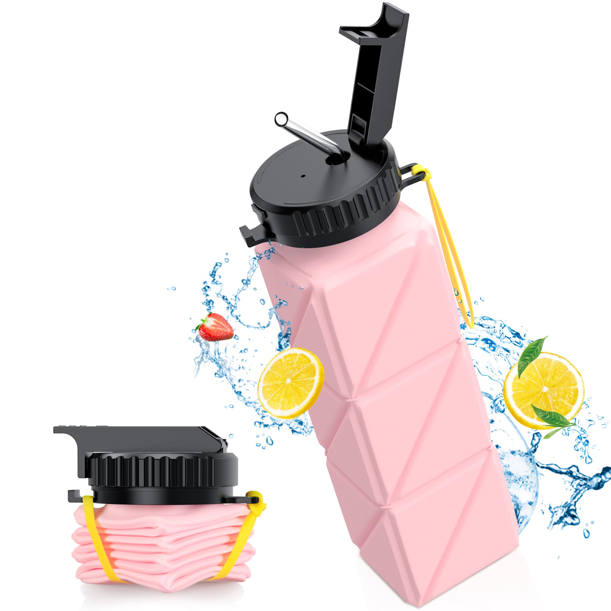 Borraccia Pieghevole In Silicone Da 500 Ml, Con Cannuccia E Moschettone, Senza BPA, Per Palestra E Trekking (rosa)