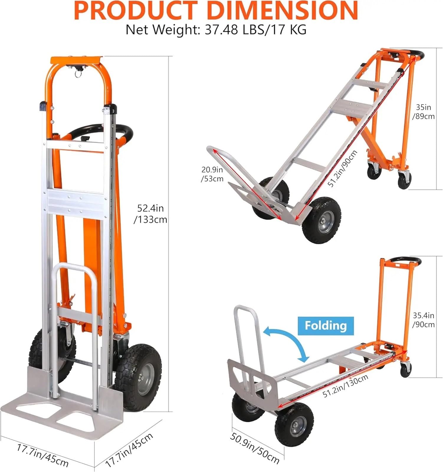 Trolleys Chariots de manutention Diable Convertible, Chariot Pliant 3 en 1, capacité 1000 LB, Chariot à Plate-Forme Industrielle Robuste Pliable