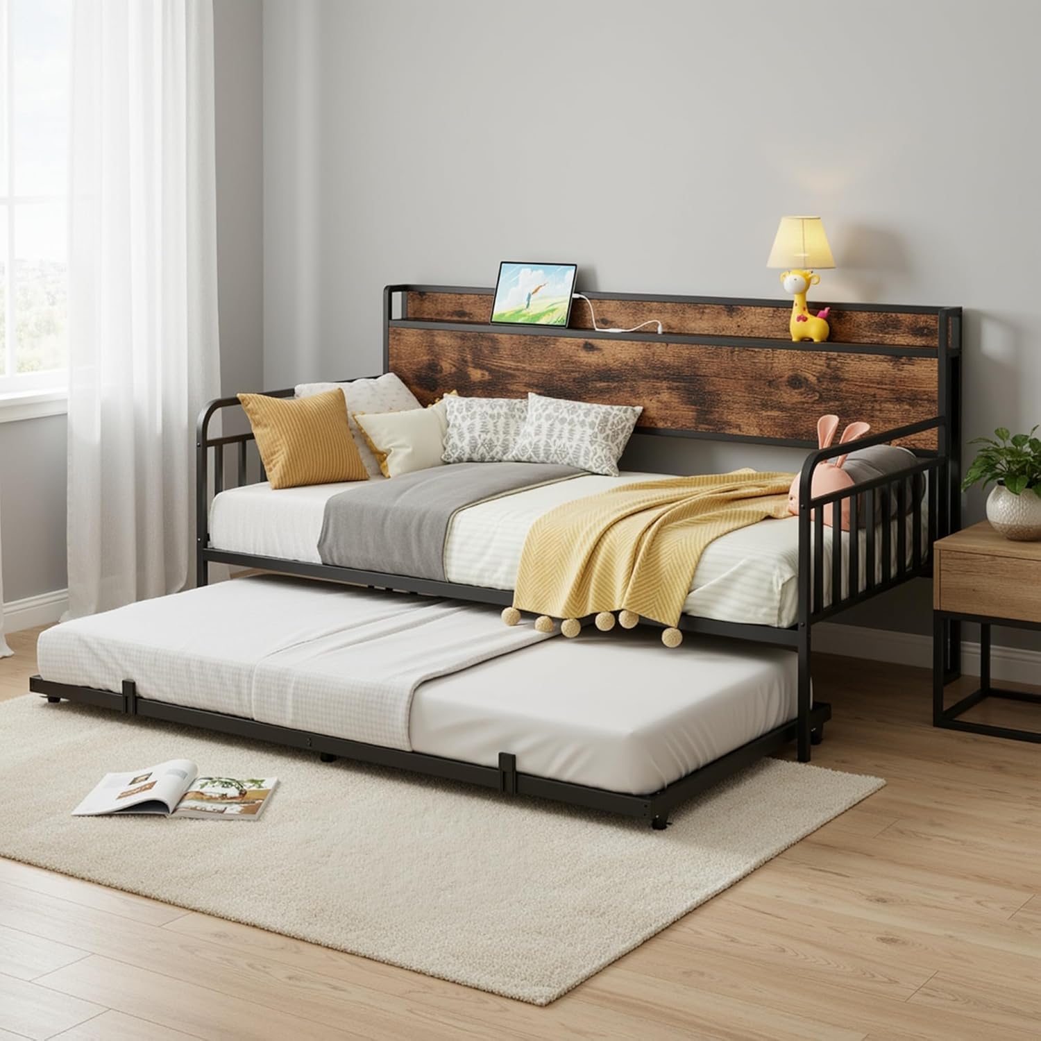 LIKIMIO Daybed with Trundle, Metal Twin Bed Frame with Charging Station & Storage Headboard, Sturdy Noise-Free Day Bed for Bedroom, Guest Room, Living Room