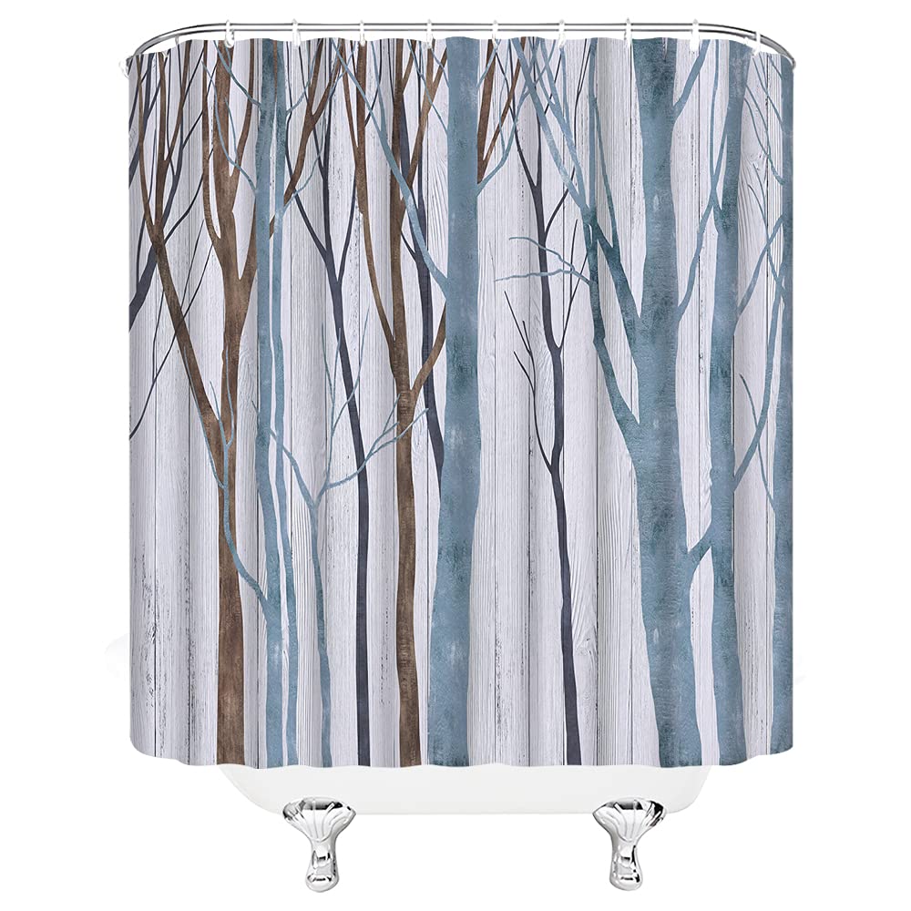 Duschvorhang-Set 'Roter Vogel & Birken' | Vintage Landhaus-Stil, Herbstlich-winterlich | 180x180 Cm, Polyester, Inkl. Haken