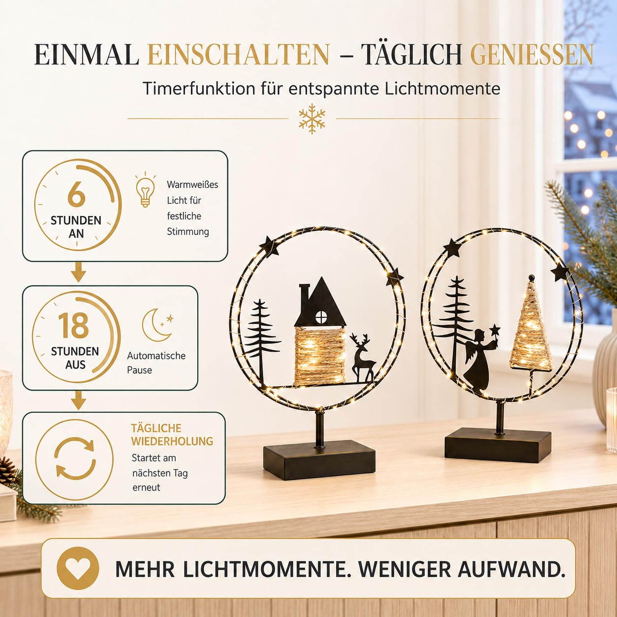 formano LED-Kreise 2er-Set Engel & Winterdorf Timer 6h/18h Weihnachtsdeko | Je 43 Lämpchen, warmweißes Licht, Sisal-Akzente, für die Winter- und Weihnachtszeit