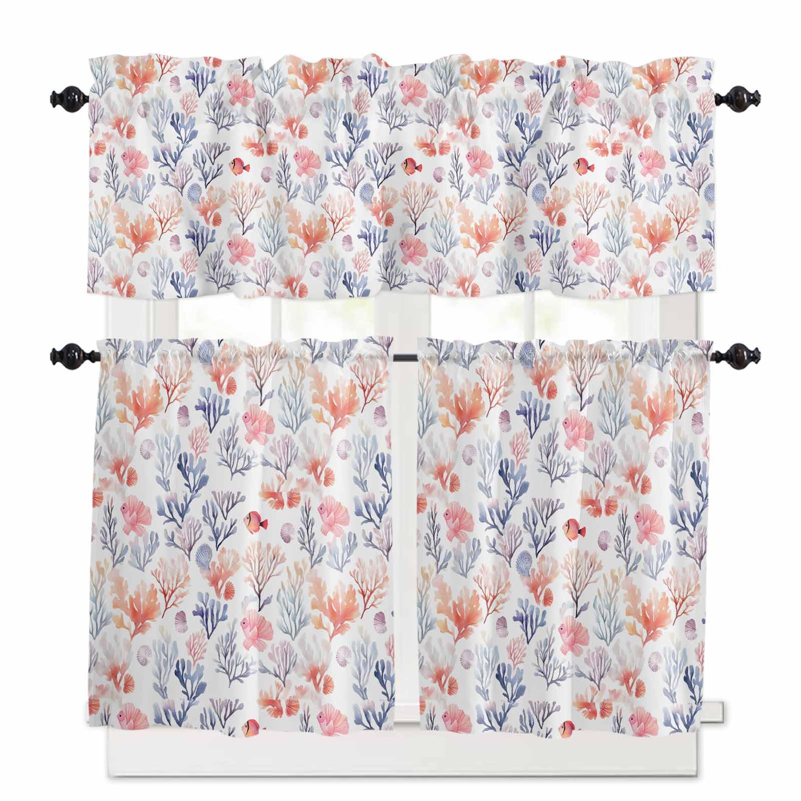 Coastal Coral Kitchen Curtains 36 Inch Length, 3 Piece Rod Pocket Small Half Tiers and Valance Set, Summer Colorful Nautical Ocean Fish Small Large Window Treatment Decor for Bedroom/Bathroom Sink