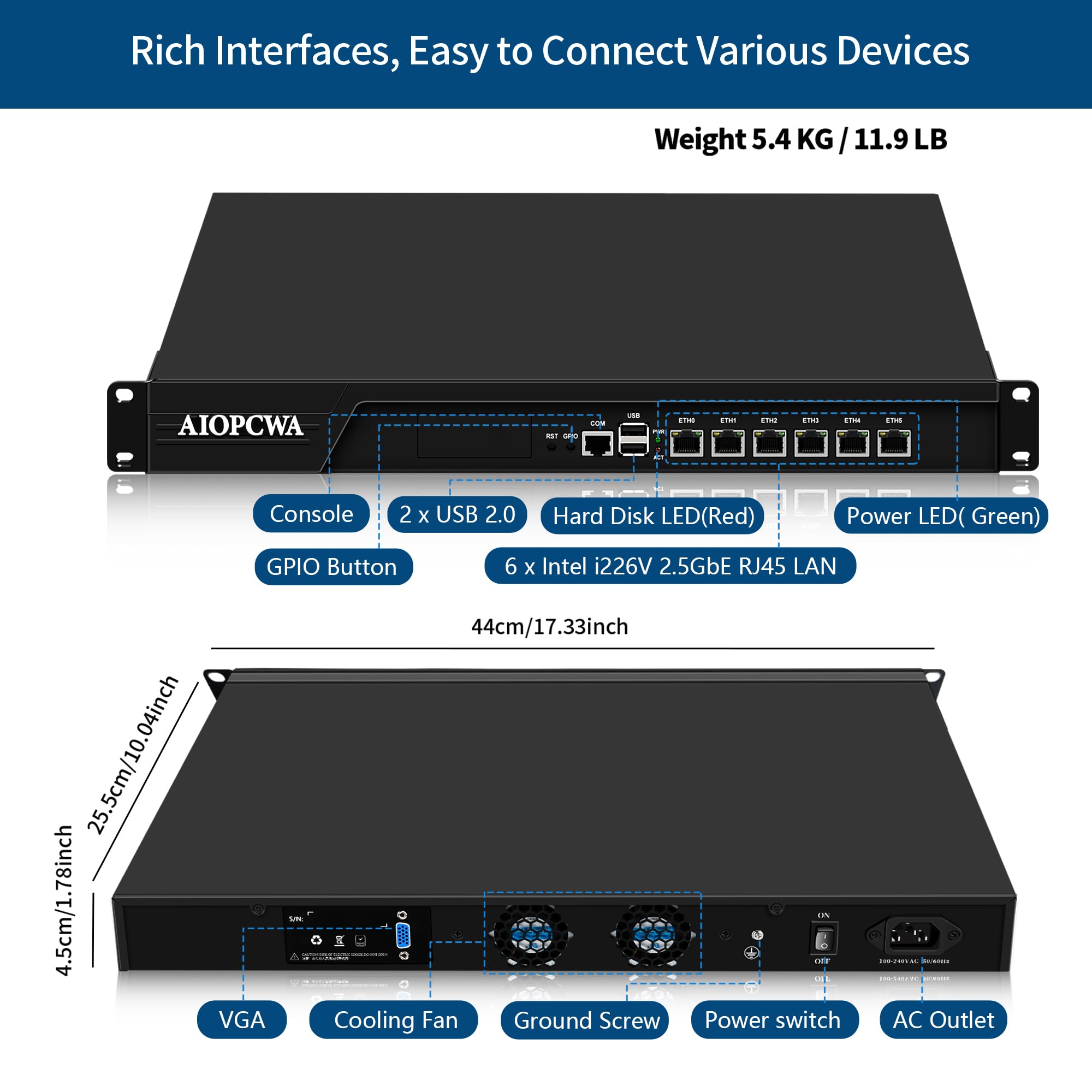 1U Firewall Appliance, 6 x i226-V 2.5GbE LAN, Core i3 3110M, 19" Rackmount PC, OPNsense Router Hardware, Homelab Server with VGA, COM, GPIO, USB2.0, DDR3 Barebone
