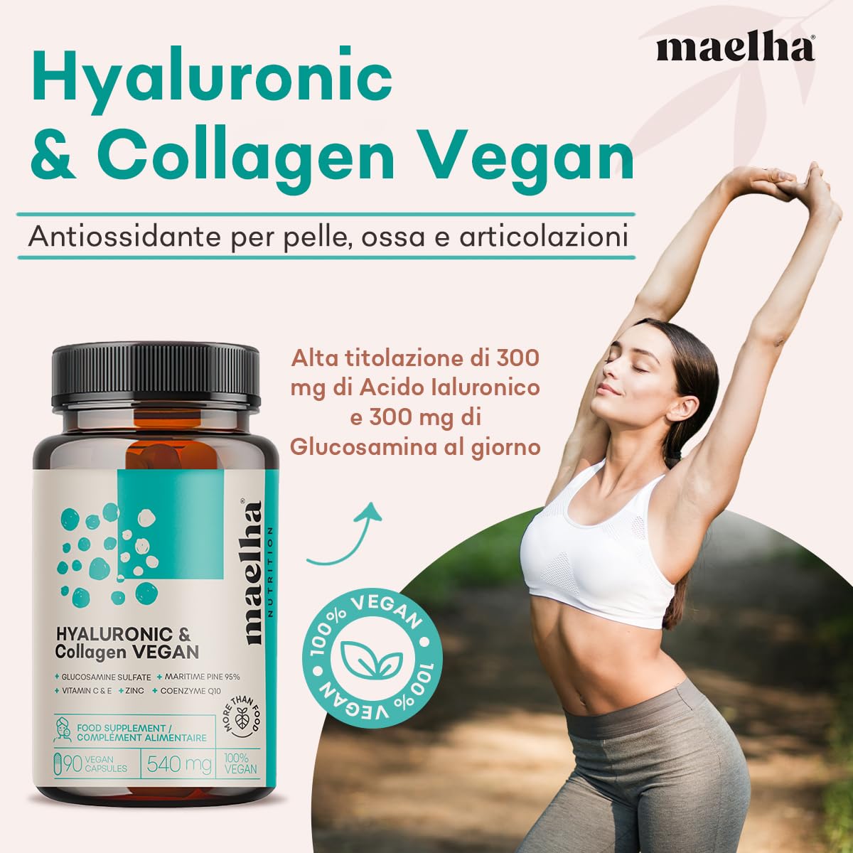 Acido Ialuronico e Collagene VEGANO | Integratore collagene vegano con acido ialuronico | Formula Concentrata con Vitamina C & E, Zinco, Coenzima Q10 e Pino Marittimo | 90 Capsule | 100% Naturale
