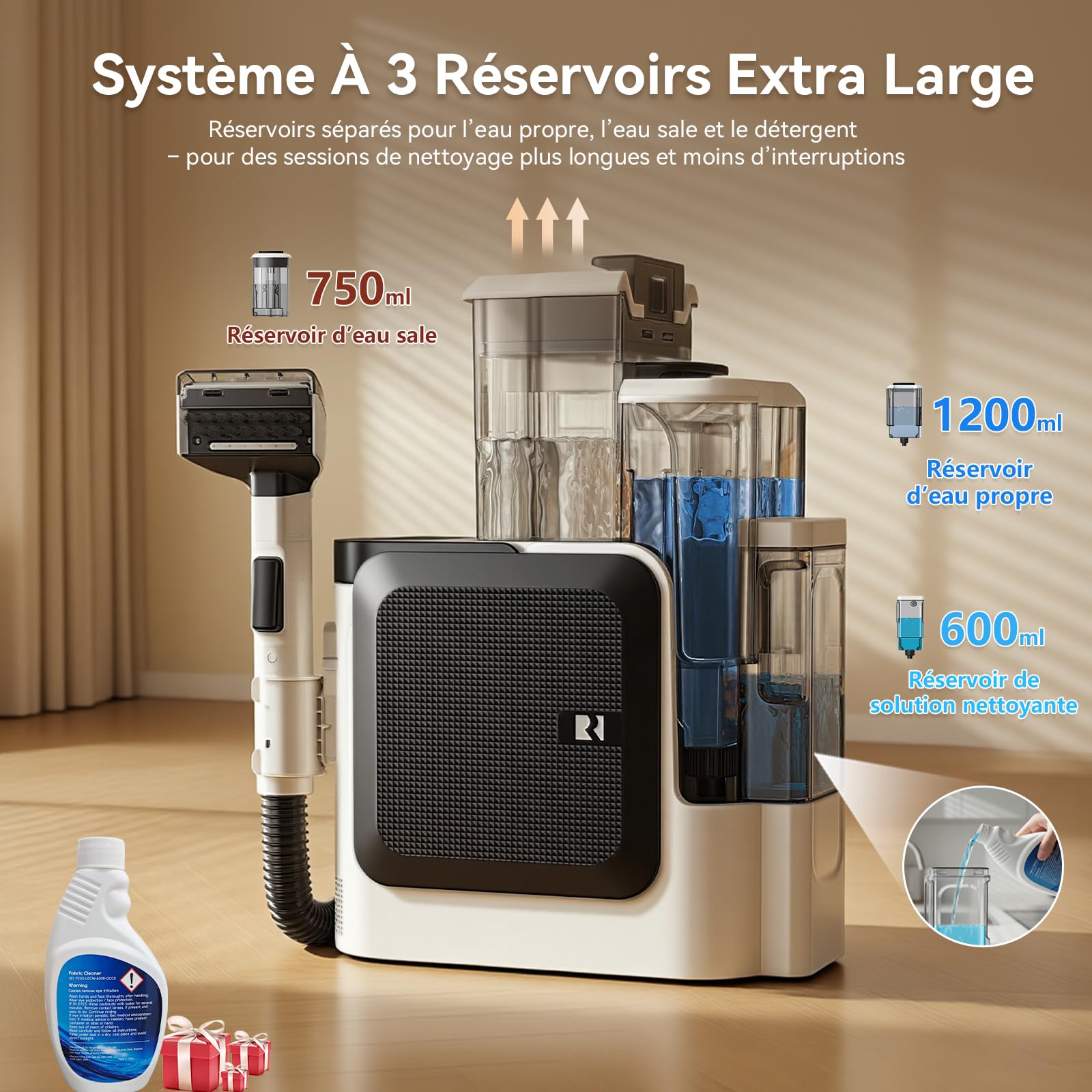 Redkey C2 Shampouineuse, 1800W 26000Pa Nettoyeur Canapé Tissu, Nettoyeur Vapeur 4-en-1 Aspirateur Eau et Poussière pour Canapé, Tapis, Fenêtres, Voiture, 7 Accessoires & Solution de Nettoyage