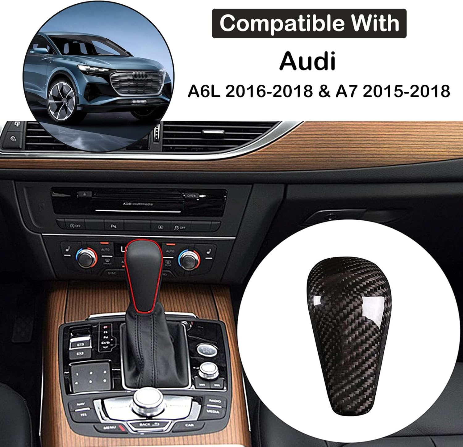 Car Gear Shift Knob Head Cover Sticker Fit Audi A6L 2016-2018/A7 2015-2018 Carbon Fiber Center Console Car Gear Shift Knob Cover Trim Interior Gear Shifter Head Decor Protect Cover Sticker Accessories