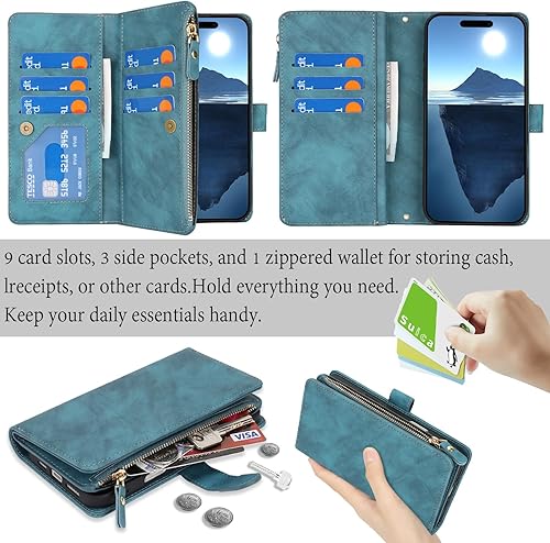 Miniatura 10 de Compatible con iPhone SE3 202278SE 2020 - Funda para teléfono con 9 tarjetero, 1 billetera con cremallera, 2 ranuras para efectivo, cordón para