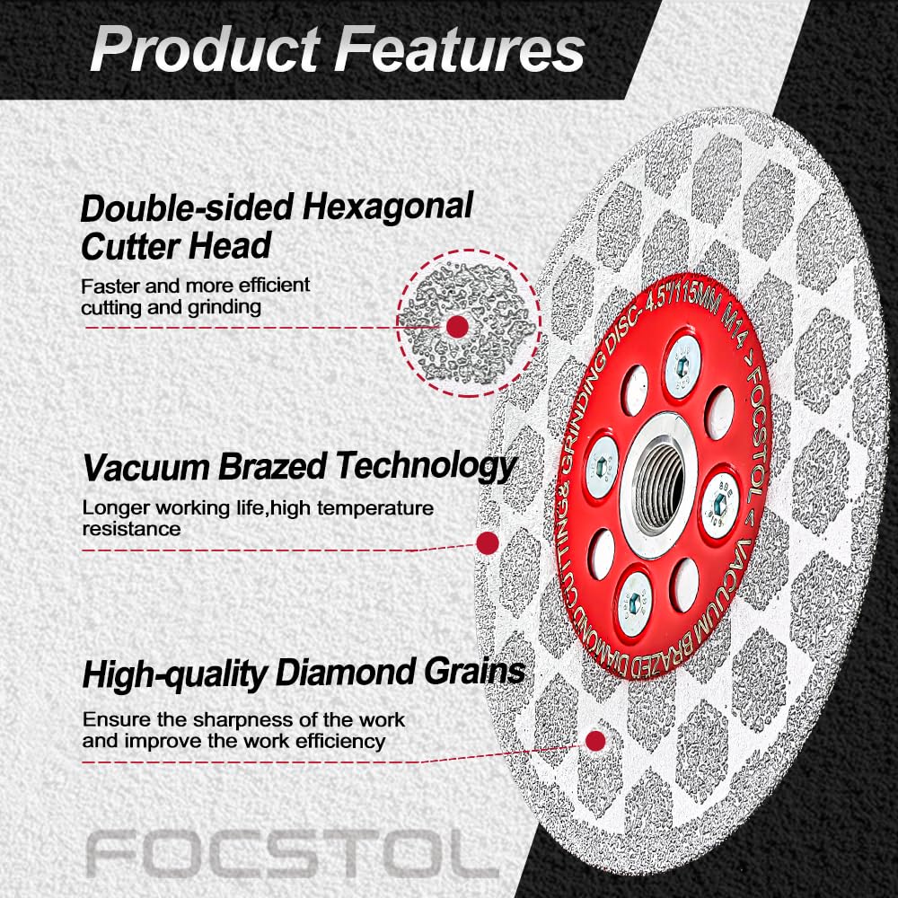 FOCSTOL Disco Diamante 115mm - 5 piezas Doble Lado Disco de Corte y Molienda para Porcelánico Cerámica Mármol Cuarzo para Amoladora Angular