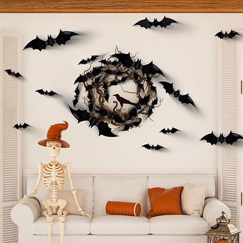 Miniatura 2 de Antner 60 piezas de decoraciones de murciélagos 3D de Halloween, calcomanías de pared de murciélagos de PVC, suministros de fiesta de Halloween,