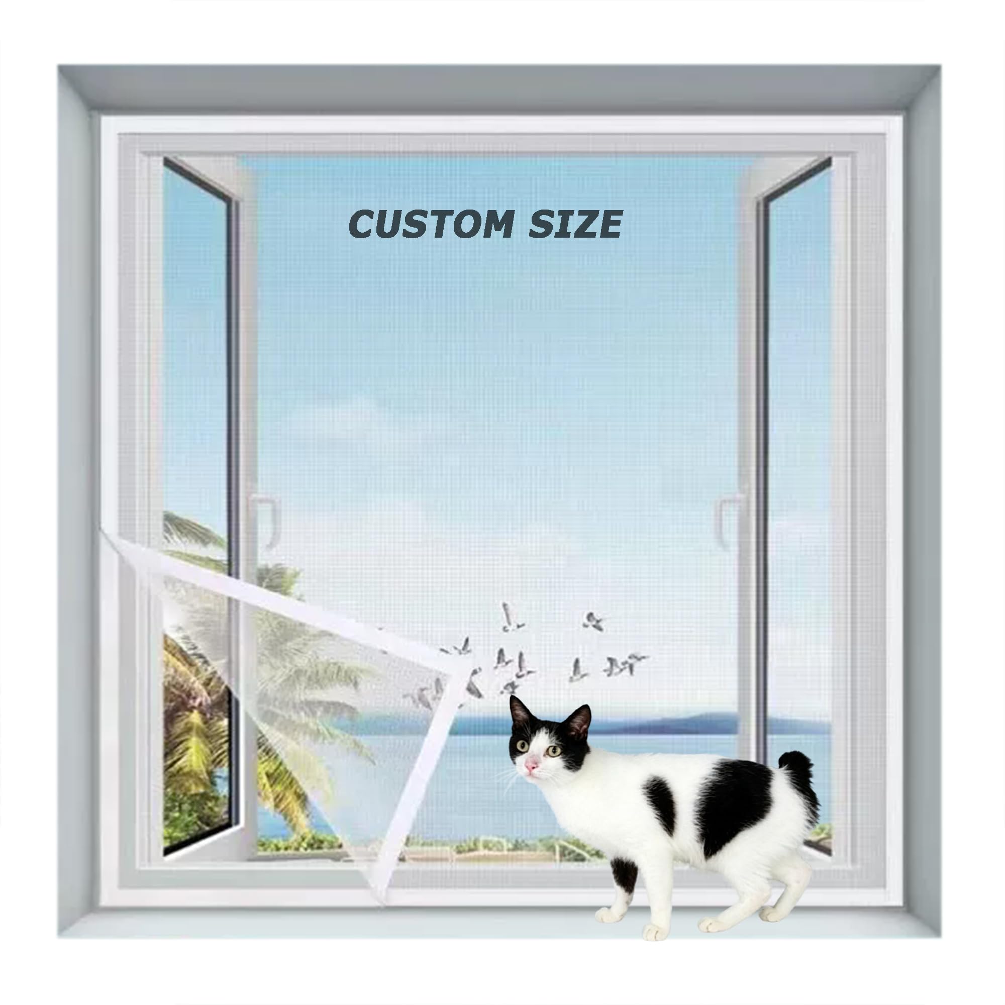 Aduodao Black Custom Size Balcony Window Insect Screen, Indoor Cat Safety Netting Pets Protection Window Guard Mesh With Zipper, Self-Adhesive Anti-Mosquito Netting