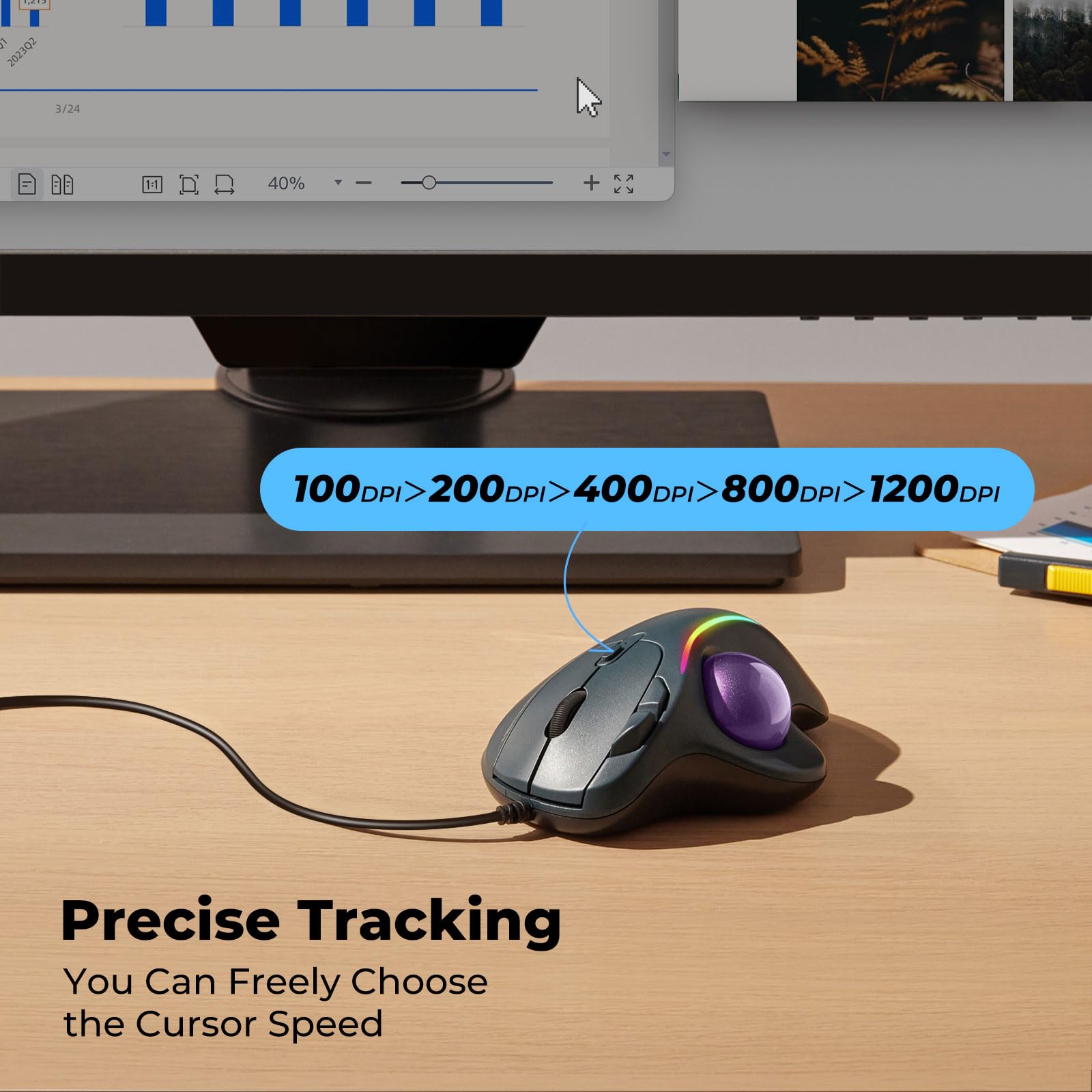 Souris filaire avec éclairage RVB, contrôle ergonomique du pouce pour réduire la fatigue musculaire, 5 DPI réglables, double connectivité USB-C et USB-A, compatible avec PC, ordinateur portable
