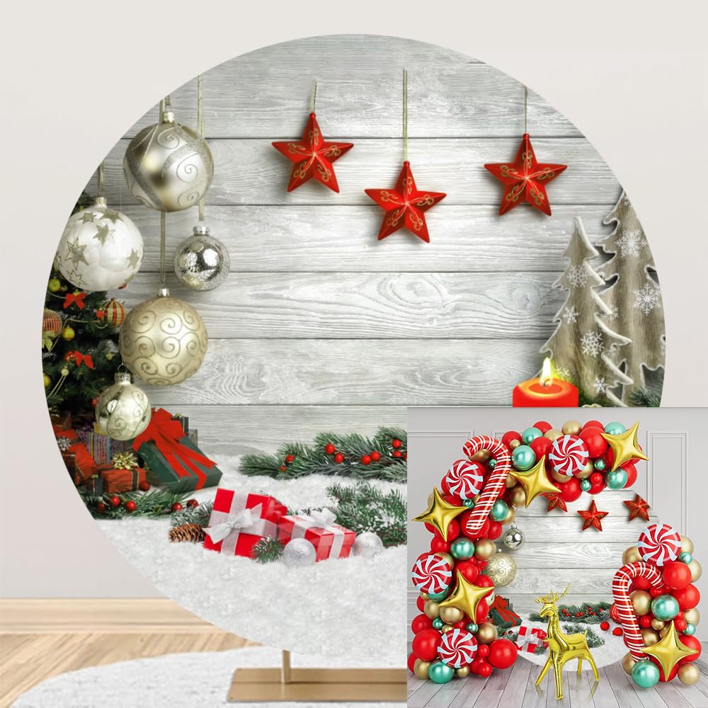 Diamètre 2,3m Arrière-Plan de noël Rond Planches en Bois Blanches Cloches étoiles Branches de pin Fond Photo noël Nouvel an Maison Fournitures de décoration de fête d'intérieur, Polyester