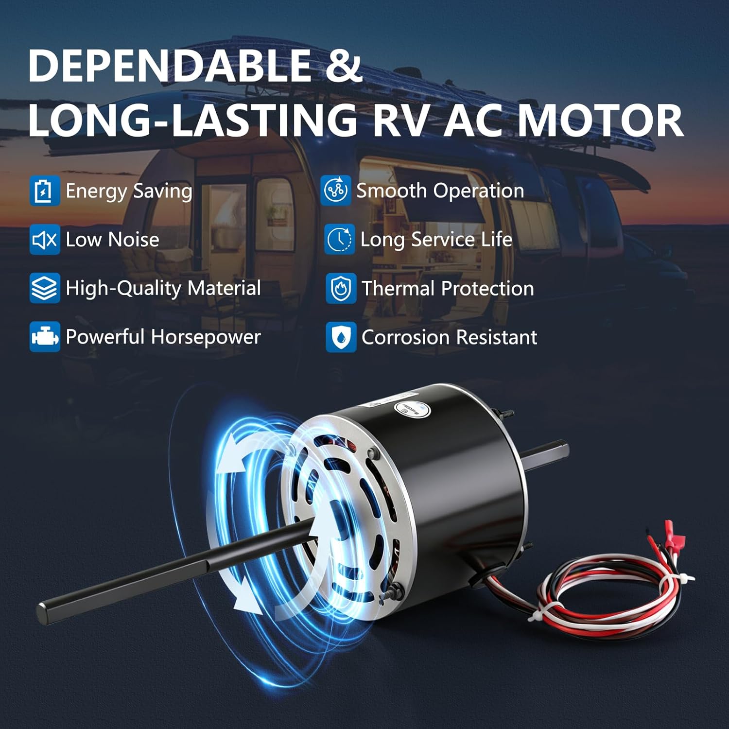 RV AC Fan Motor Replaces Fasco D1092, Compatible with Coleman mach 1468-306, 1468-3069, 7184-0156, 7184-0432, 7855MVA-A11U, RV Air Conditioner Motor with Capacitor, 1/3 HP, 115V, 1675/1080RPM 2-Speed