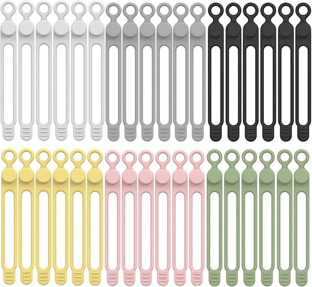 30Pcs Silicone Cable Ties, BetterJonny Reusable Cord Organizer Cable Straps Cord Ties Organizers for Charging Cables USB Cables Earphones Line(6 Colors, 5 of Each Color)