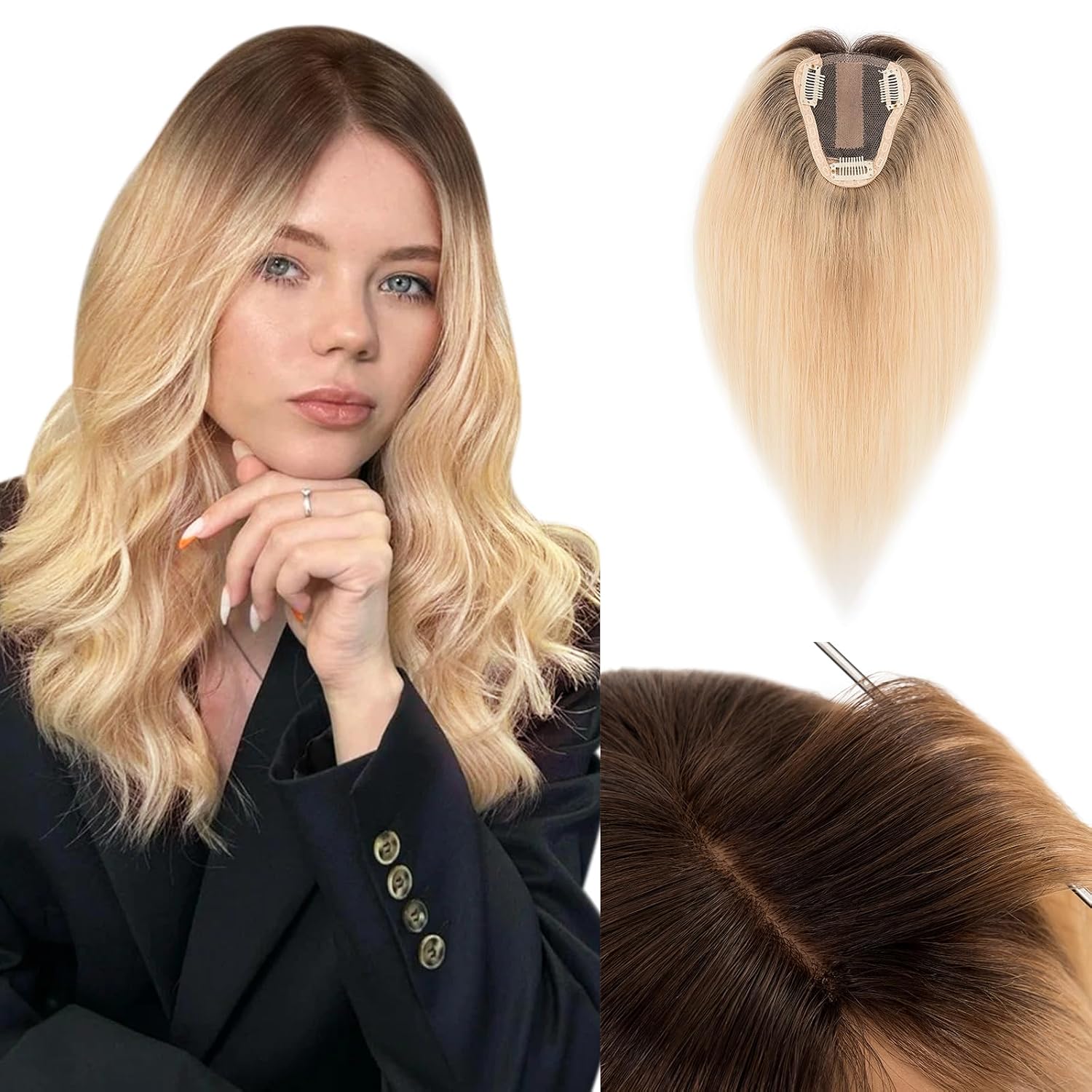 Hairro Real Human Hair Toppers, Clips in 100% Human Hairpieces for Women, 3.15"x3.94" Silk Base for Covering Thinning/Greyish Hair on Top, 12 Inch Bleach Blonde with Dark Root
