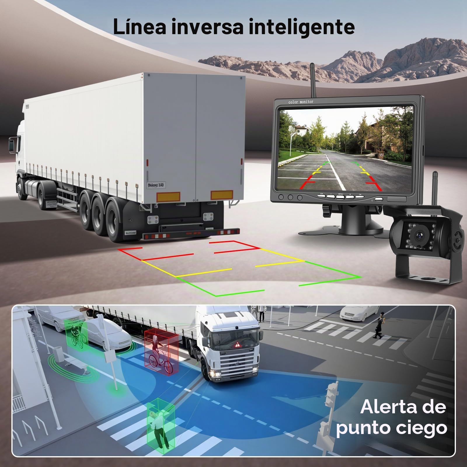 Hodozzy Camara Marcha Atras Digital Inalambrica con Montor IPS de 7 Pulgadas, 2 Camaras, Vigilancia de Estacionamiento, Impermeable IP 68 Visión Nocturna, Camara Trasera para Camiones/Remolques