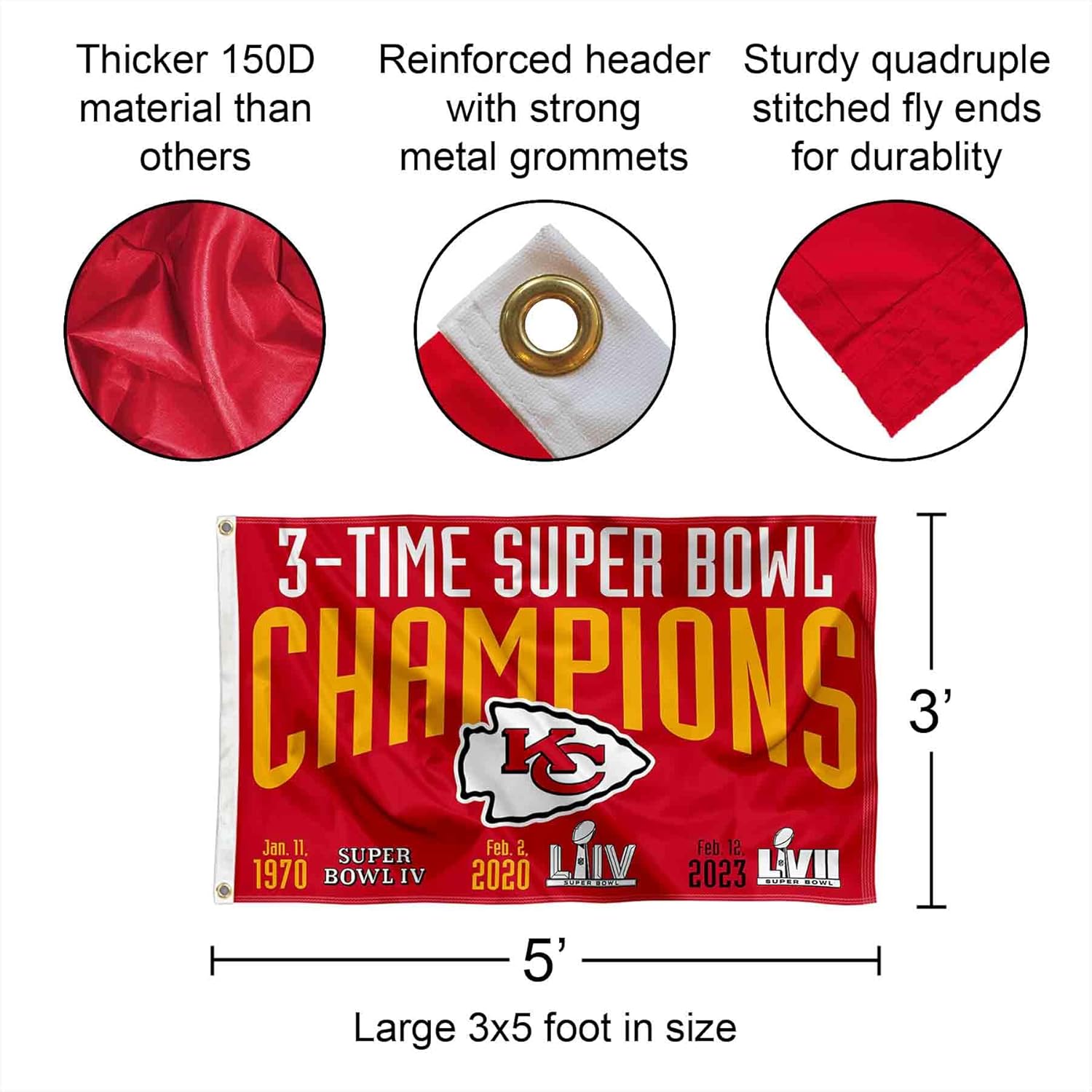WinCraft Kansas City Chiefs 3X and 3 Time Super Bowl Champions Flag Outdoor Indoor 3x5 Foot Banner - Image 2