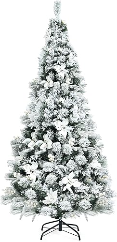 Goplus Árbol de Navidad artificial flocado de nieve de 6 pies, árbol de Navidad con bisagras con soporte de metal plegable, bayas blancas y flores