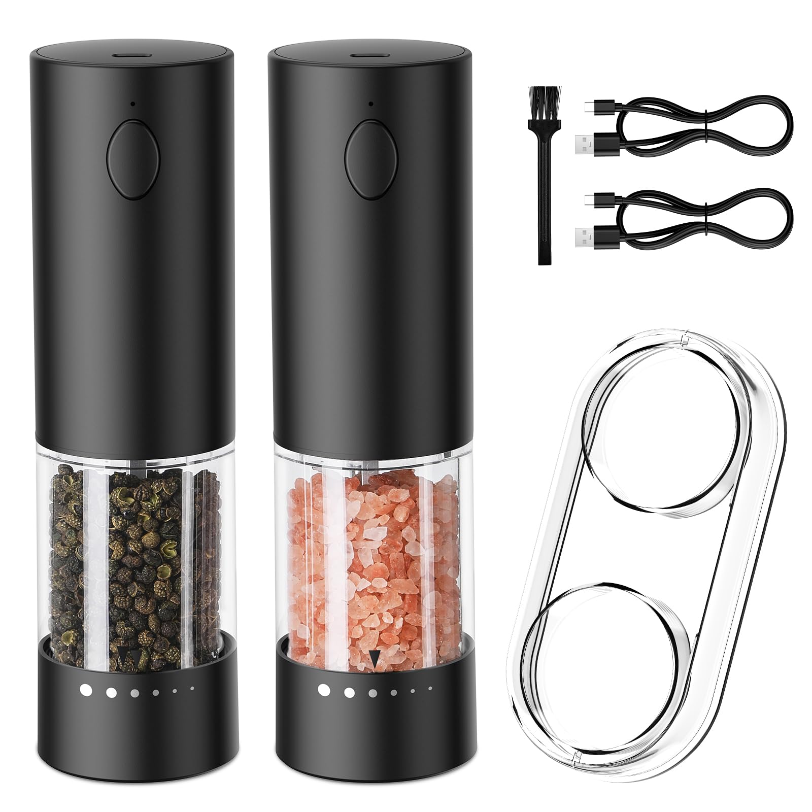 Electric Salt and Pepper Grinder Set – USB Rechargeable Automatic Grinder Set with LED Light, 6 Adjustable Coarseness Levels, Large Capacity, 2-Pack