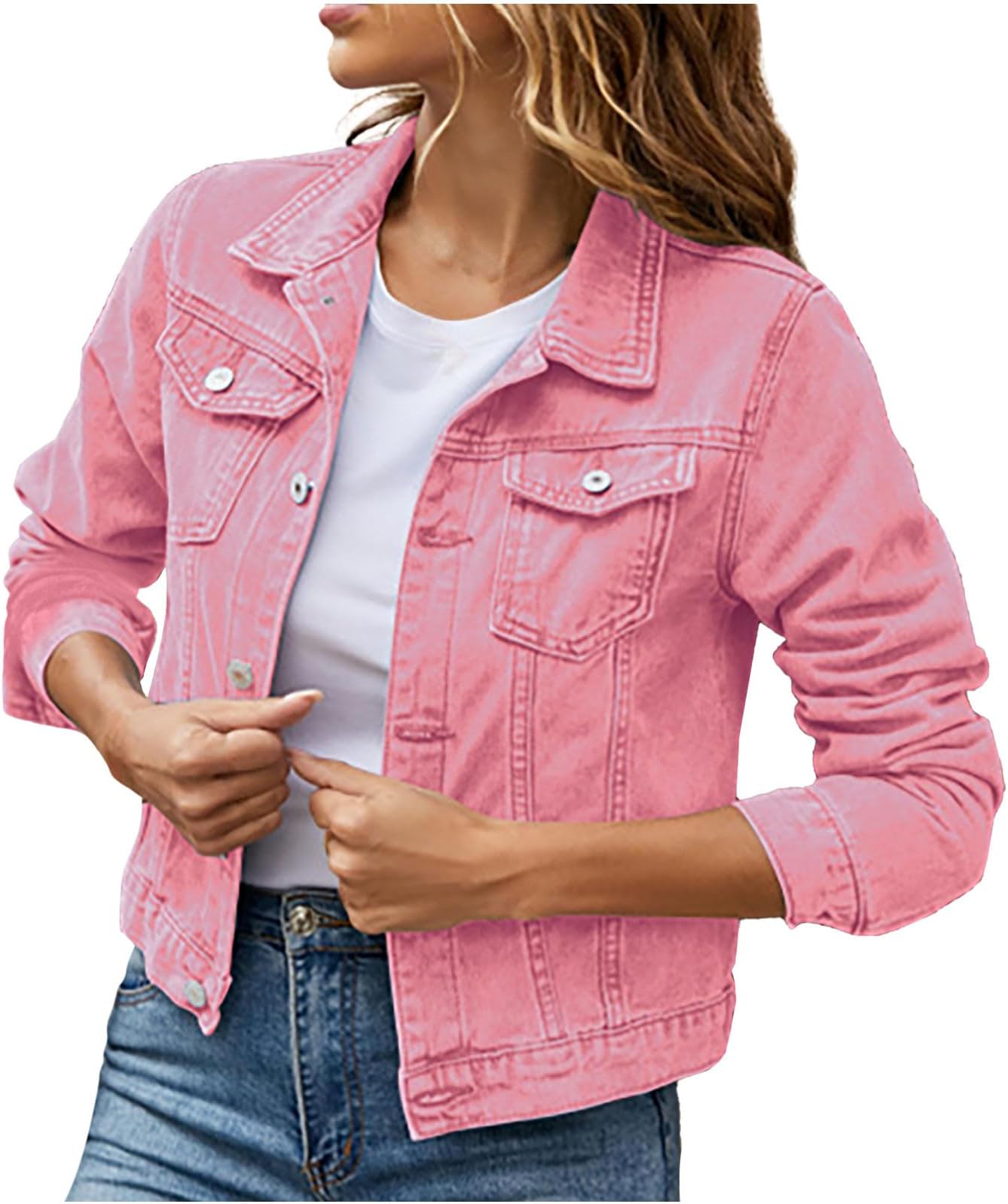 Women's Solid Color Denim Jacket Long Sleeve Slim Fit Cardigan with Pocket Casual Vintage Washed Ripped Button Down Cropped Denim Coat Jean Shrug Jacket Tops