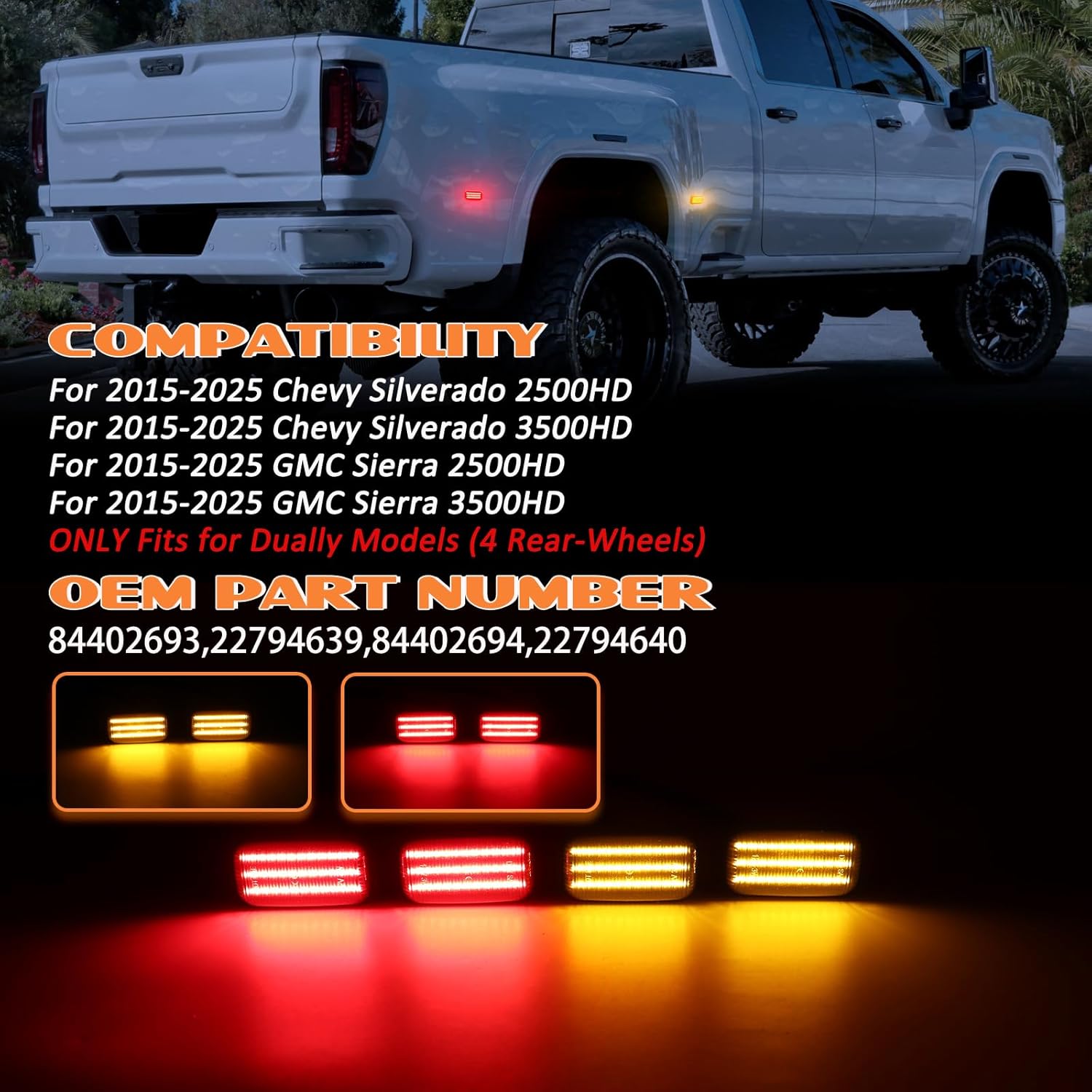 LED Dually Fender Side Marker Lights For 2015-2025 Chevy Silverado GMC Sierra 2500HD 3500HD 3-rows Amber & Red Dual Rear Wheel Truck Bed Marker Lamps, Smoked Lens 4PCS
