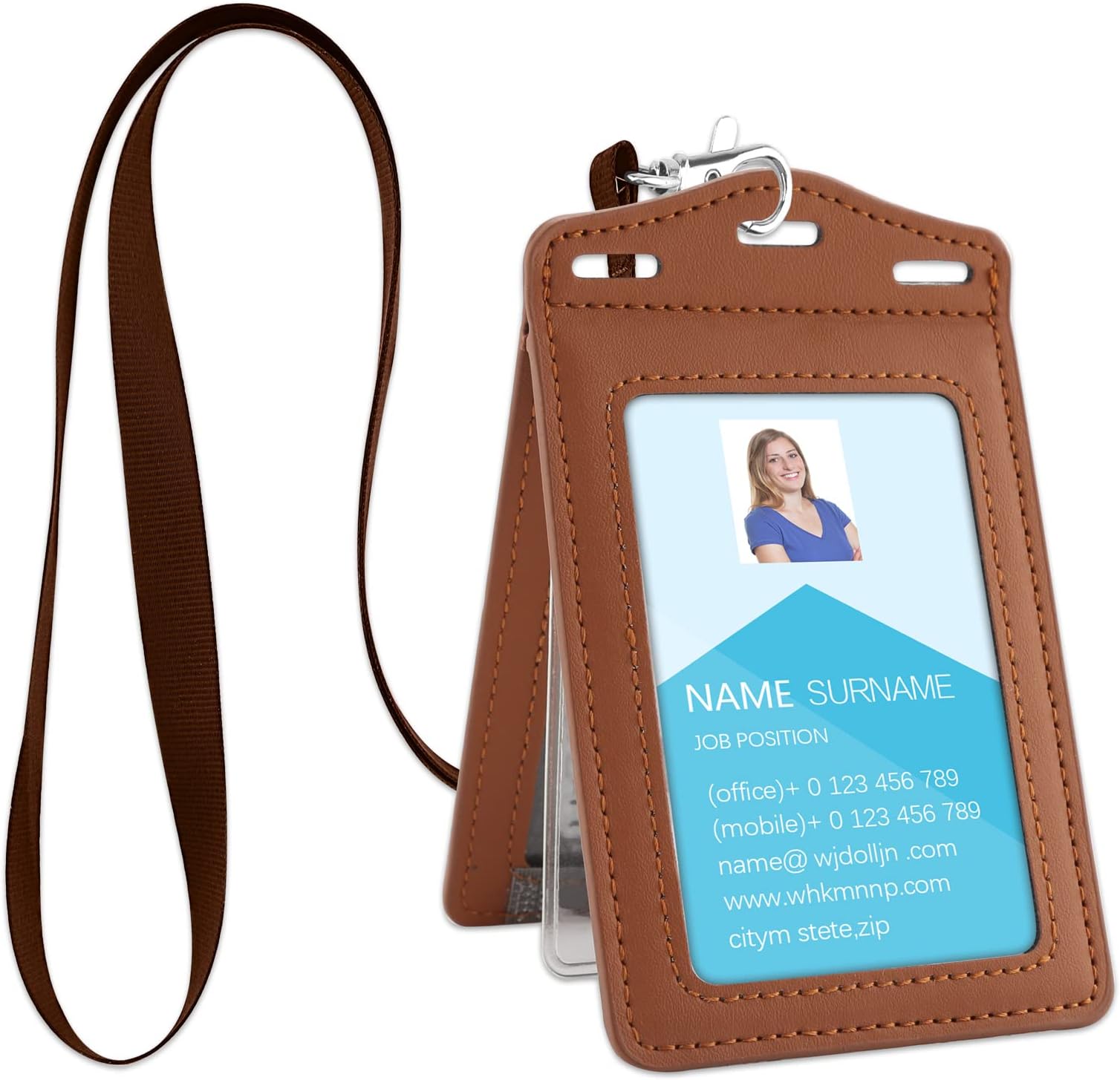 Badge Holder Trifold,PU Leather ID Card Holder with Clear ID Window and Detachable Badge Lanyard for Business,Worker,Student,Brown