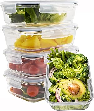 HOCHSTE Airtight Glass Food Containers with Lids - 5-Pack, 100% Leak Proof BPA Free Food Storage Containers with Locking Lids - Freezer to Oven Safe - Takeaway Containers - 5 Pack Blue - 840 ml