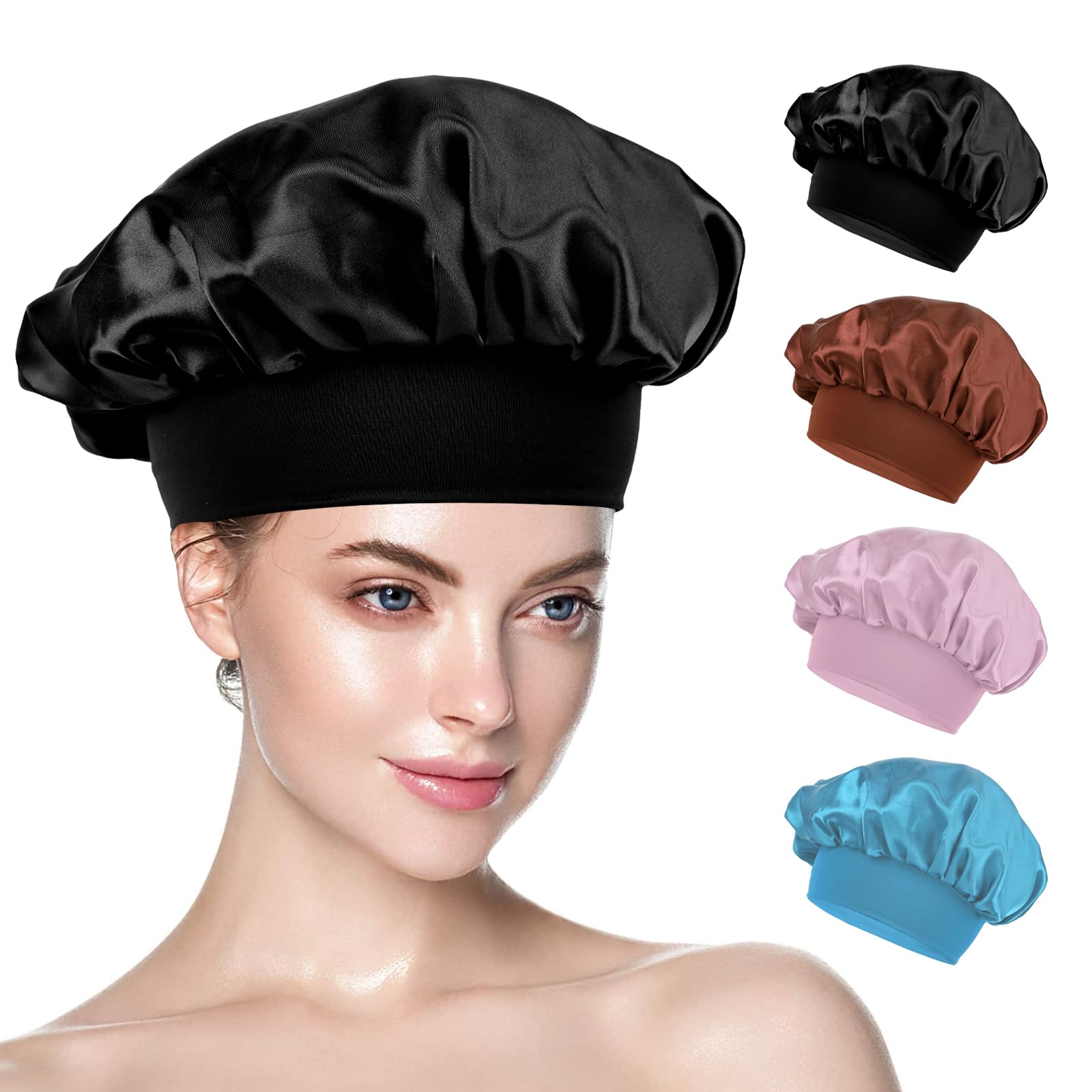 Gorro Saten Pelo Rizado, Paquete de 2 Gorro de Saten para Dormir Pelo Rizado, Gorro de Seda para El Pelo, Gorros para Dormir para Mujeres y Niñas(negro,marrón,rosa,azul claro)