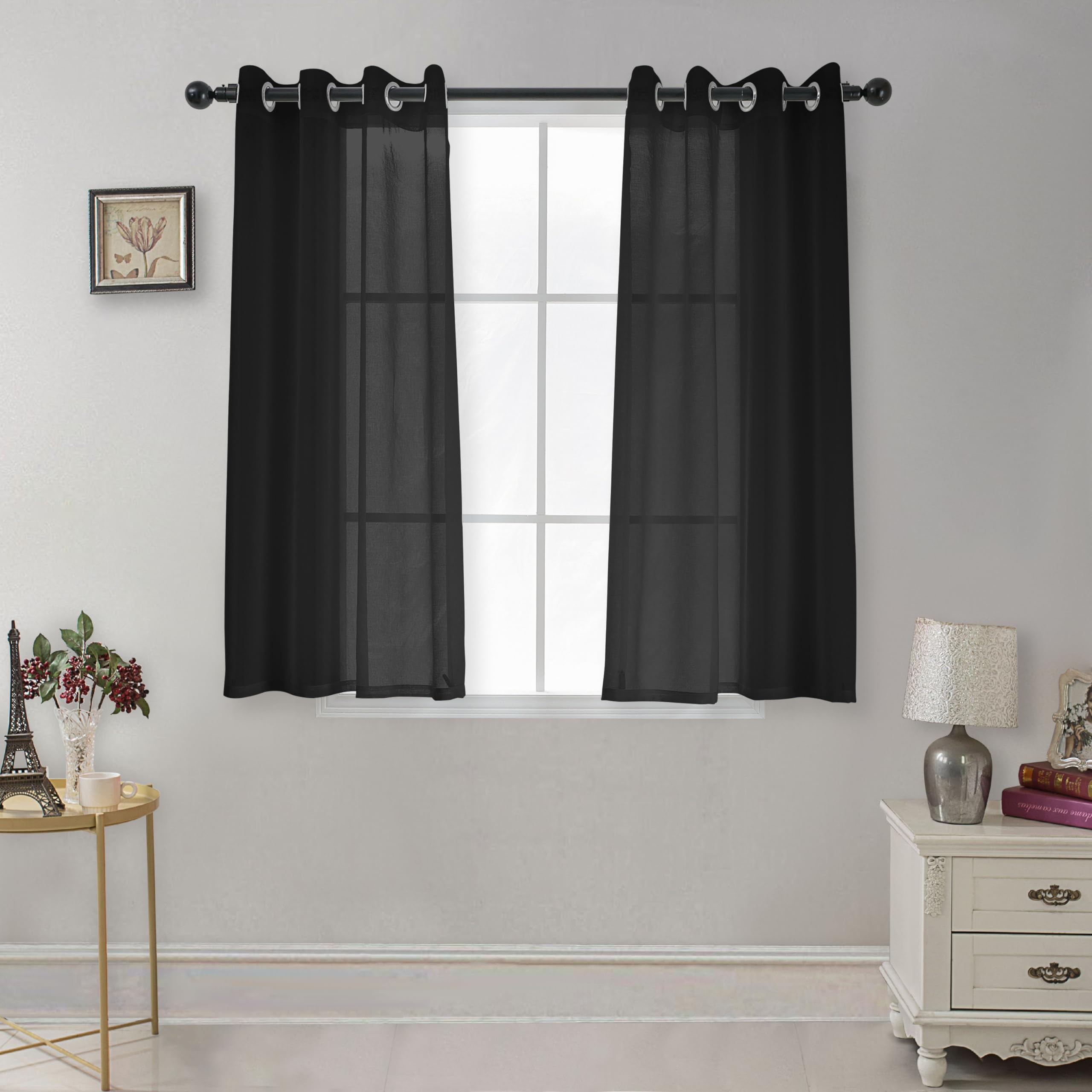 CUCRAF Solid Sheer Linen Look Voile, Window Curtain Sets, Polyester Eyelet, Modern Window Treatments, Black, 145 x 140 cm (H x W), Set of 2 — image 1