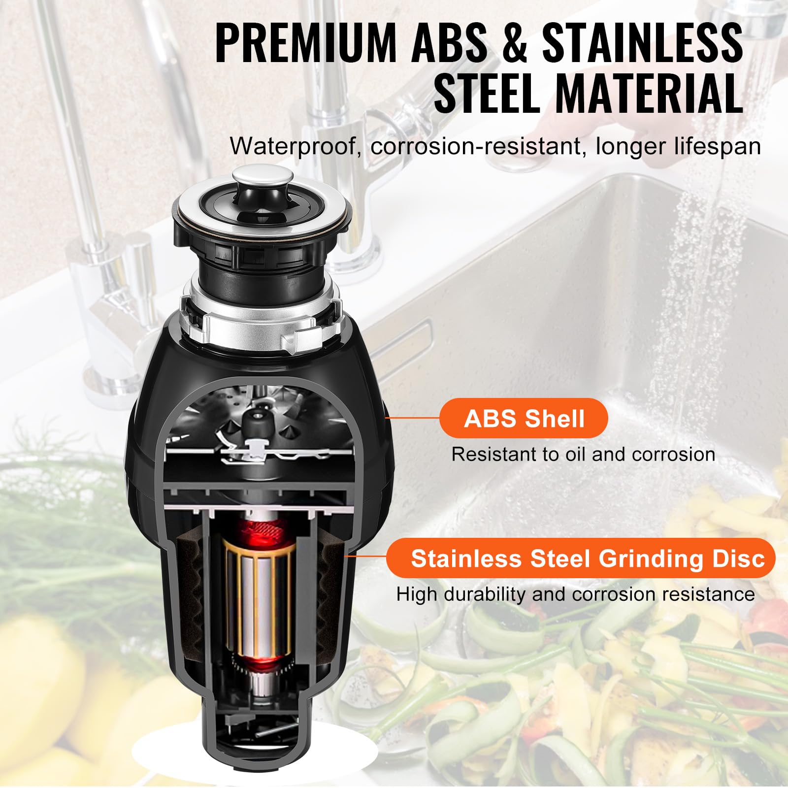 VEVOR Triturador de Basura para Fregadero de Cocina, 3/4 HP, Sistema de Eliminación de Residuos de Alimentos, 3930 RPM, con Cable de Alimentación, para el Hogar, Cocina, 185 x 185 x 395 mm, Negro