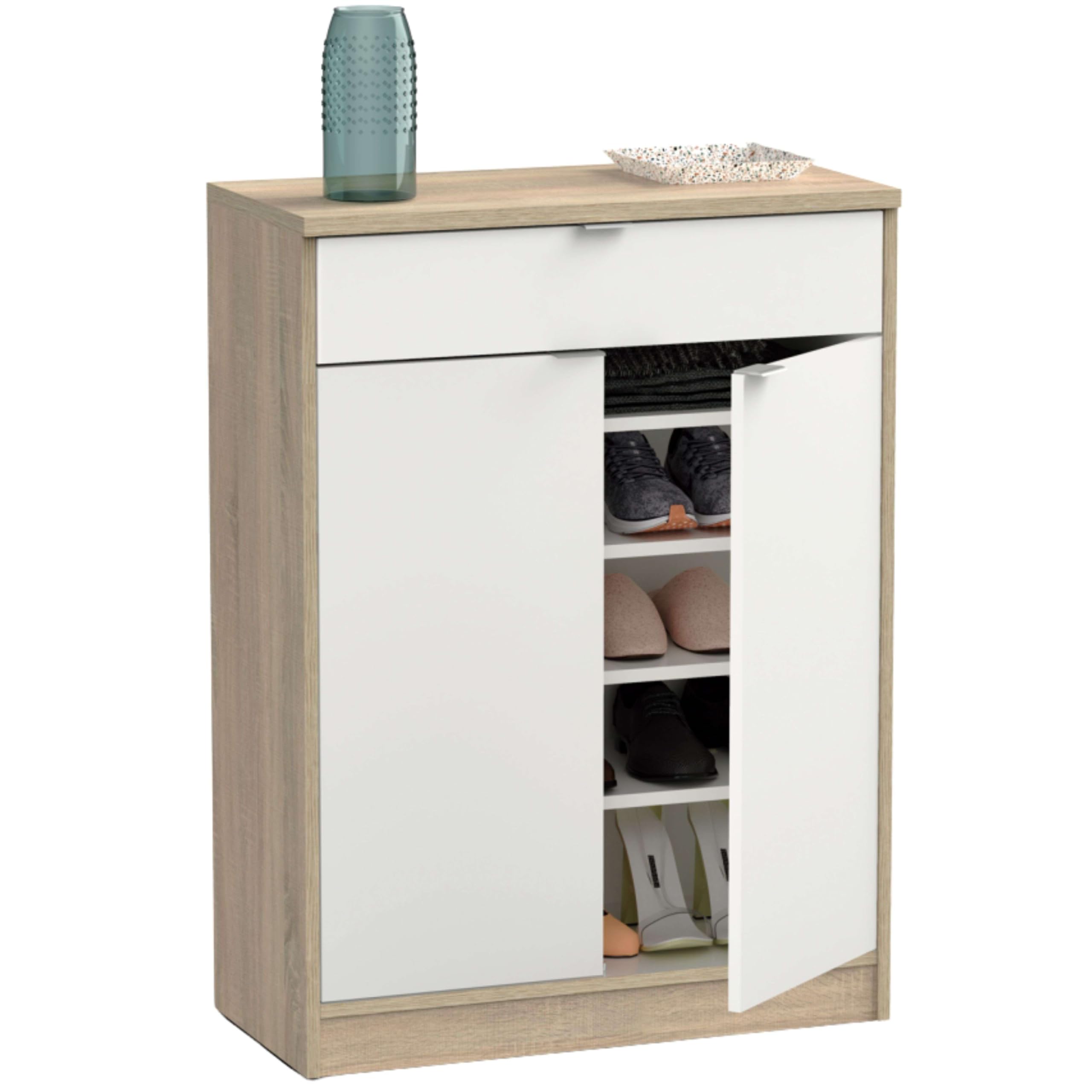 MUEBLES PITARCH | Recibidor Zapatero Mueble Auxiliar de Entrada con cajón y 4 estantes Regulables, Blanco Alto Brillo y Roble Cambrian, 20 Pares de Zapatos, 101x75x36cm, Modelo Berlín