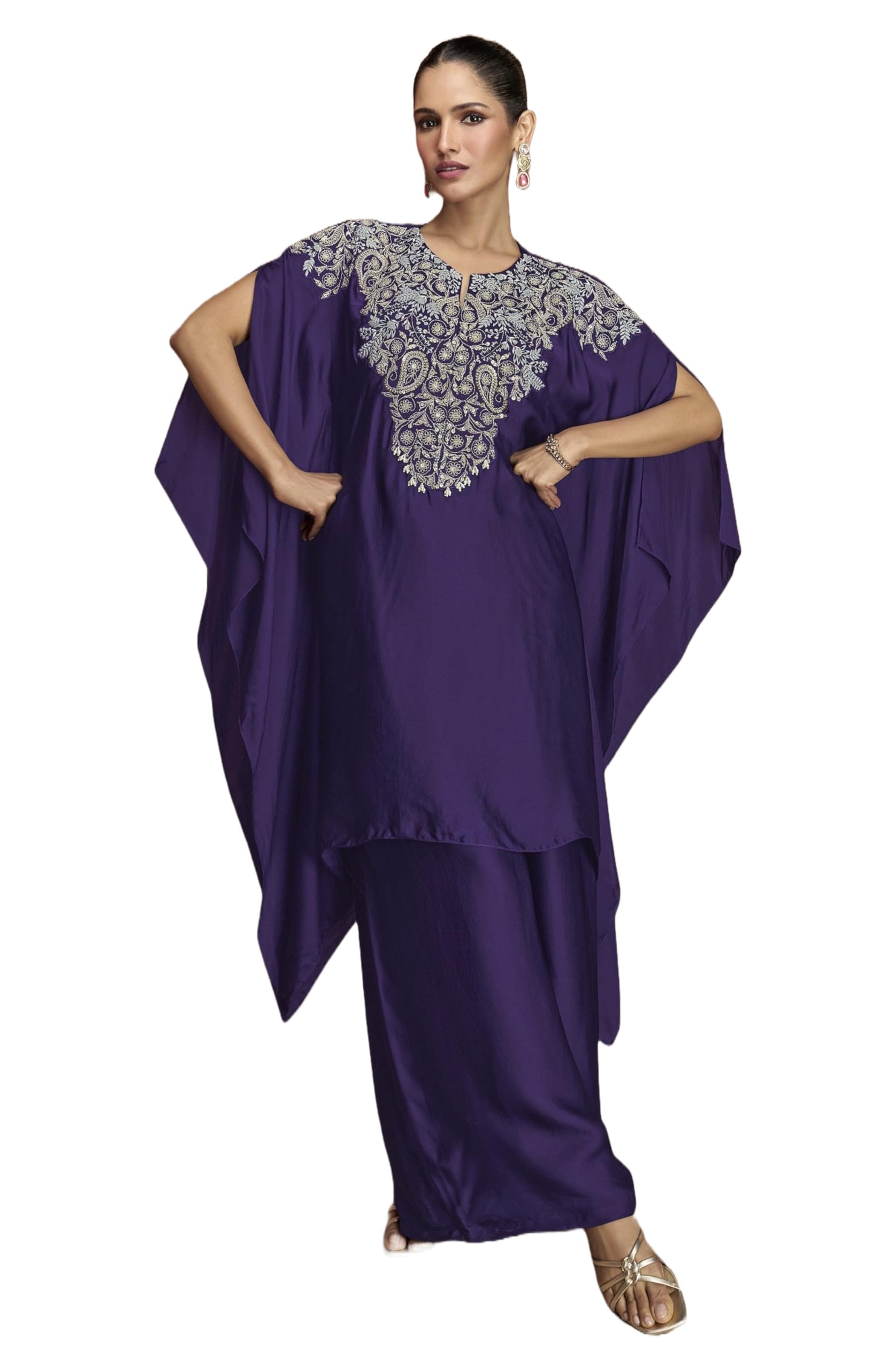 Women's Blue Chinon Stitched Top With Stitched Bottom Short Sleeve Embroidered Kaftan (Kaftan Set) (ST-1241-Blue)-image-48