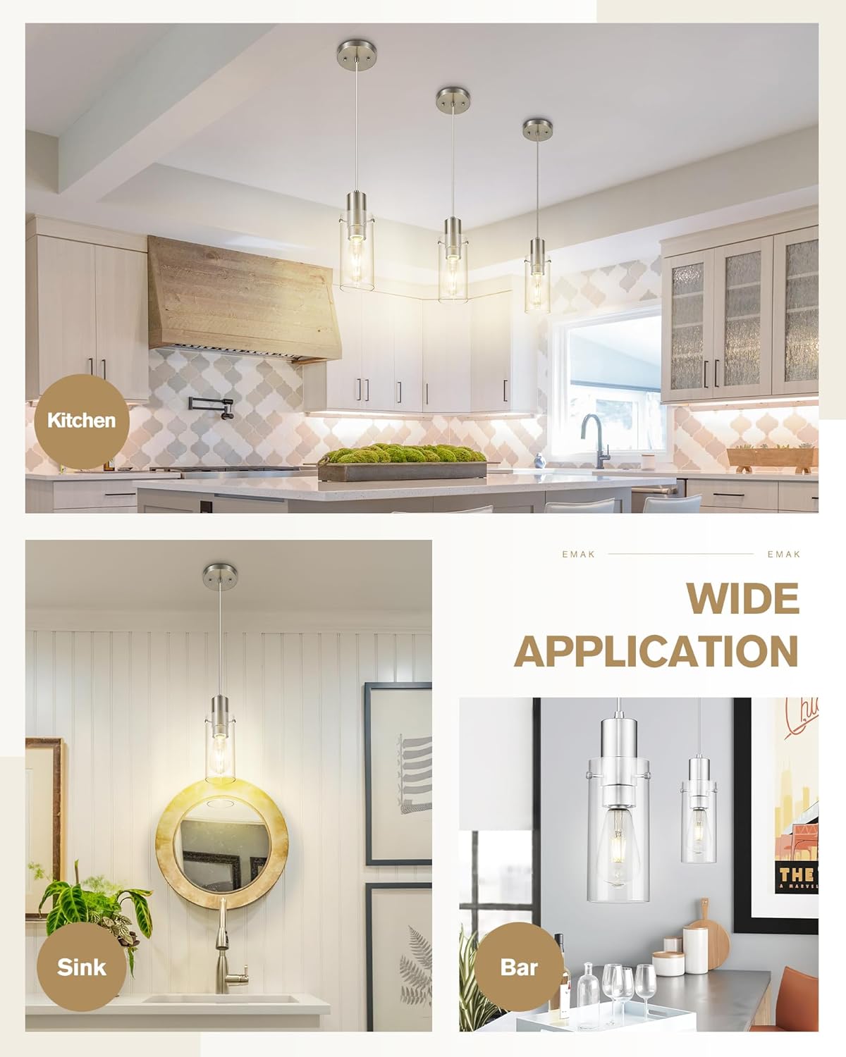 Emak Cylinder Pendant Lights Kitchen Island, Modern Brushed Nickel Pendant Light with Clear Glass Shade, 1 Light Pendant Lighting for Kitchen, Bedroom, Bathroom, PL120-BN