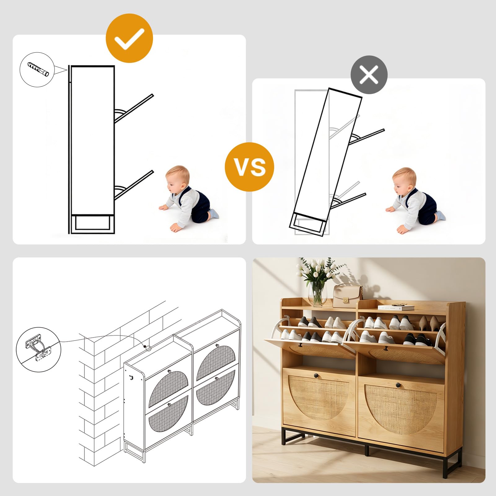 Rattan Schuhschrank Schmal, 2/4 Klapptüren, Platzsparender Schuhkipper mit verstellbaren Böden, 23,8 cm tief, Kippsicherung, Großer Schuhschrank für Eingang, Flur, Wohnzimmer (4 Klappen)