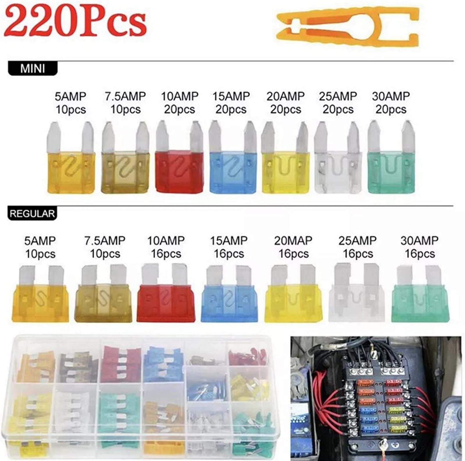 Assortimento di fusibili a lama mini standard da 220 pezzi ATM Auto Car Truck Kit di fusibili assortiti Supporto di sicurezza a lama