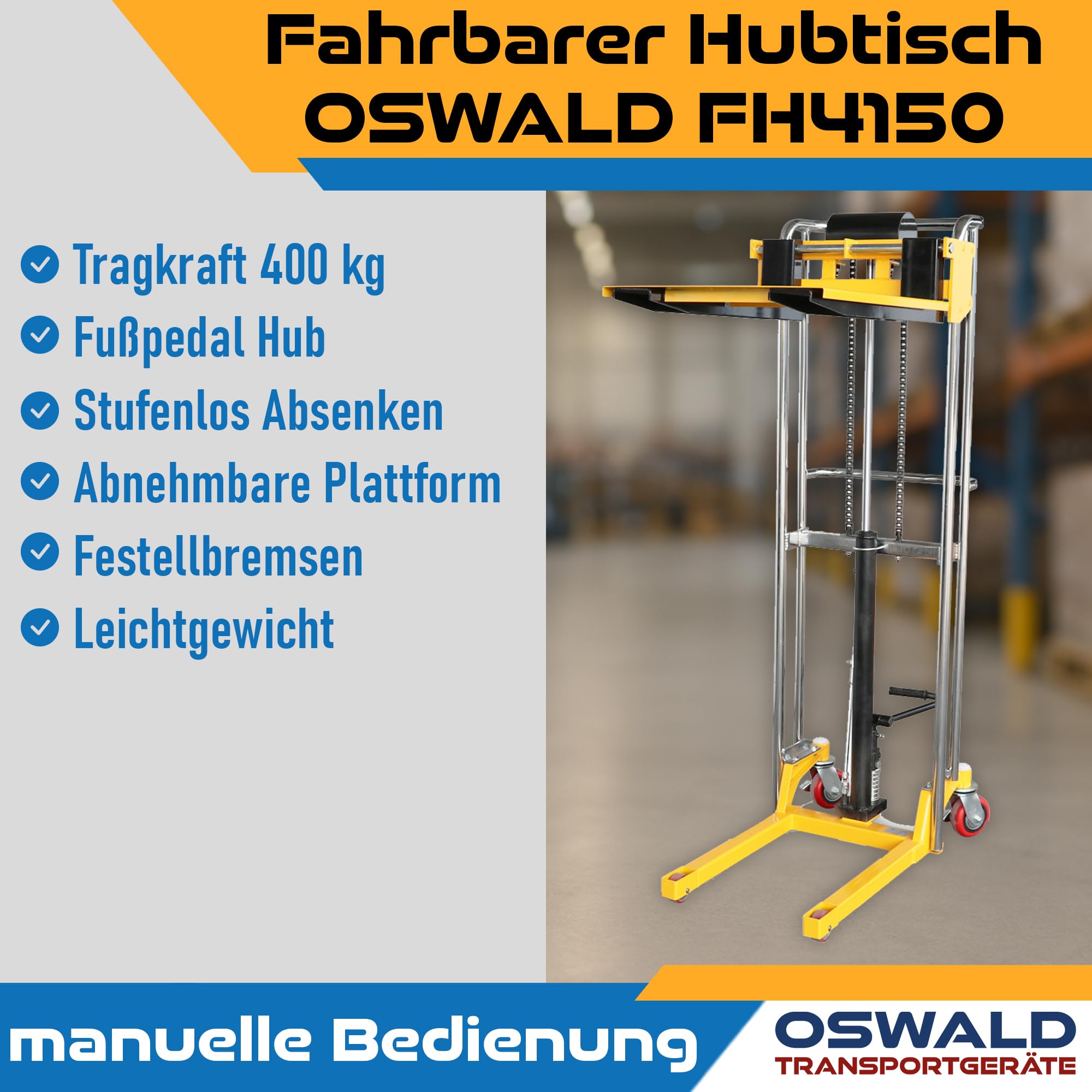 Fahrbarer Hubtisch mit Gabeln und Plattform, Mini-Stapler, 400 kg, 1,5 m Hubhöhe, 650 mm Gabellänge