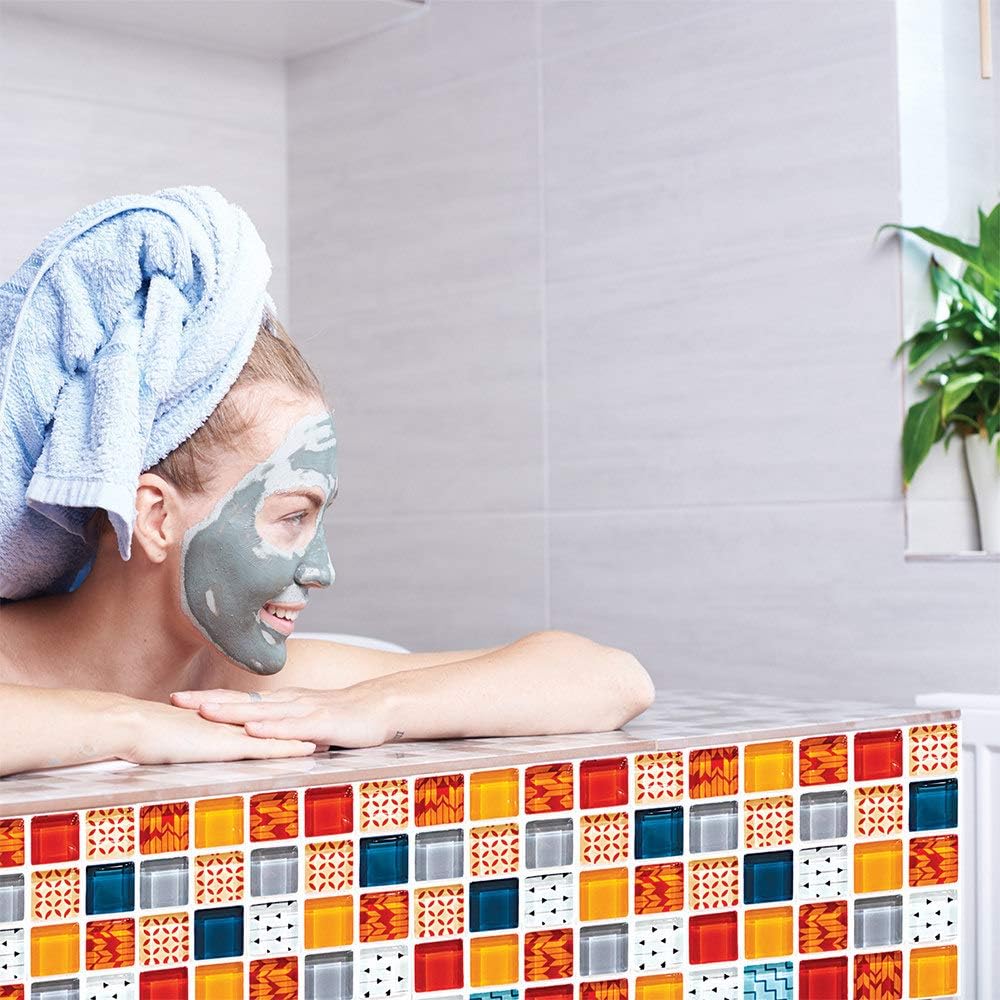 Tile With Mosaic Effect For Kitcheh Bathroom，Tile Bathroom Kitchen Stick On Wall Peel，Wall Tile Stickers Peel And Stick Self-Adhesive Wall,Multi-colored-20×20cm×6pcs