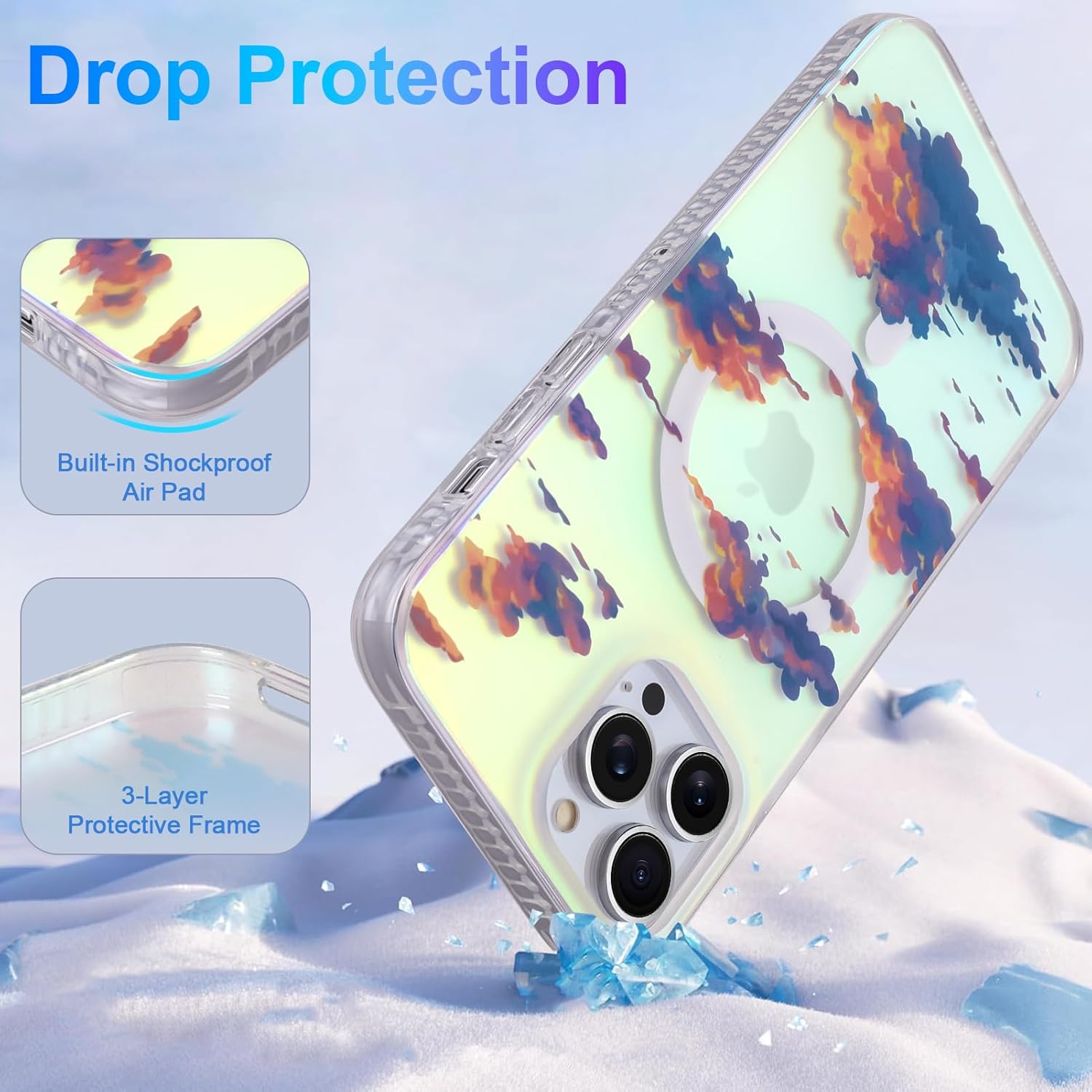 Cute Case for iPhone 12 & 12 Pro Case for Women Girls [ Compatible with Magsafe ] Aesthetic Cloud Pattern Design, Girly Glitter Sparkly Bling Protective Phone Cover, Iridescent Sun Set Sky - Image 5
