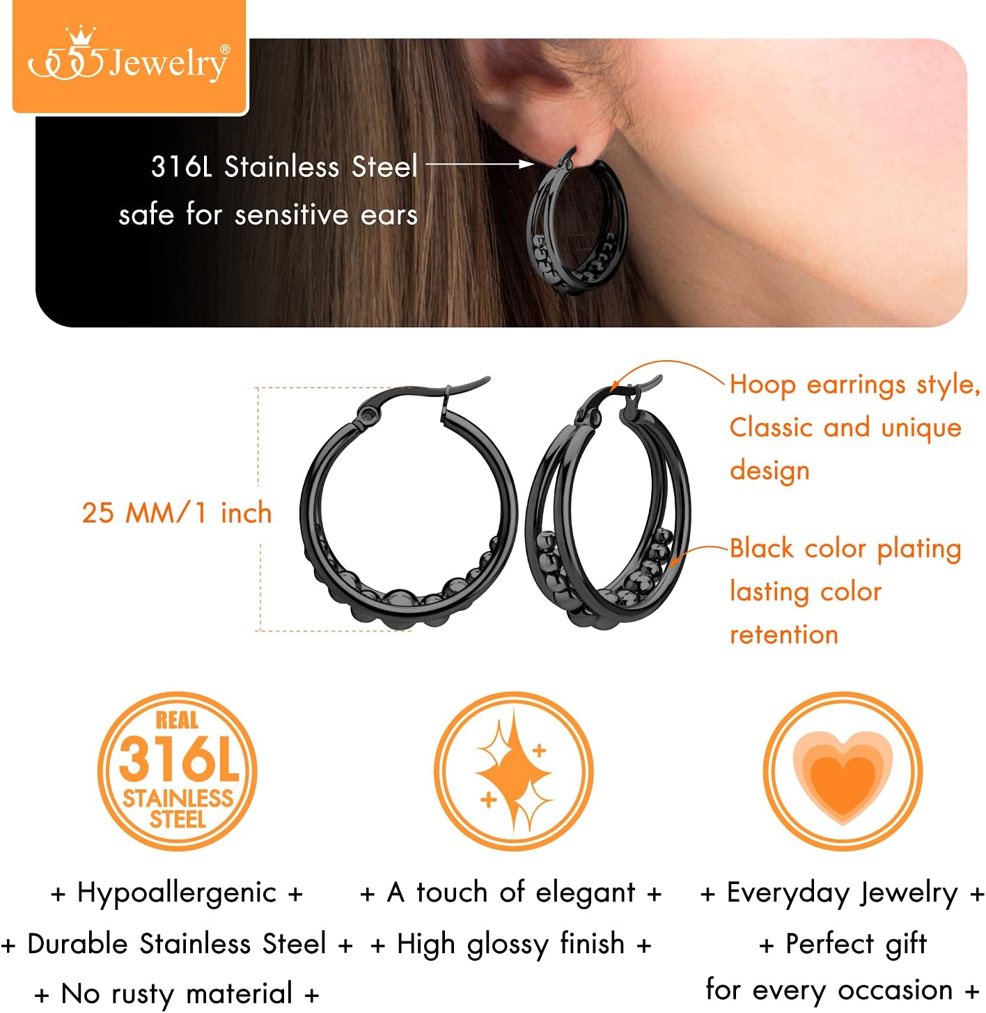 555Jewelry Hypoallergenic Medium Stainless Steel Wide Beaded Hoop Earrings for Women - Image 5