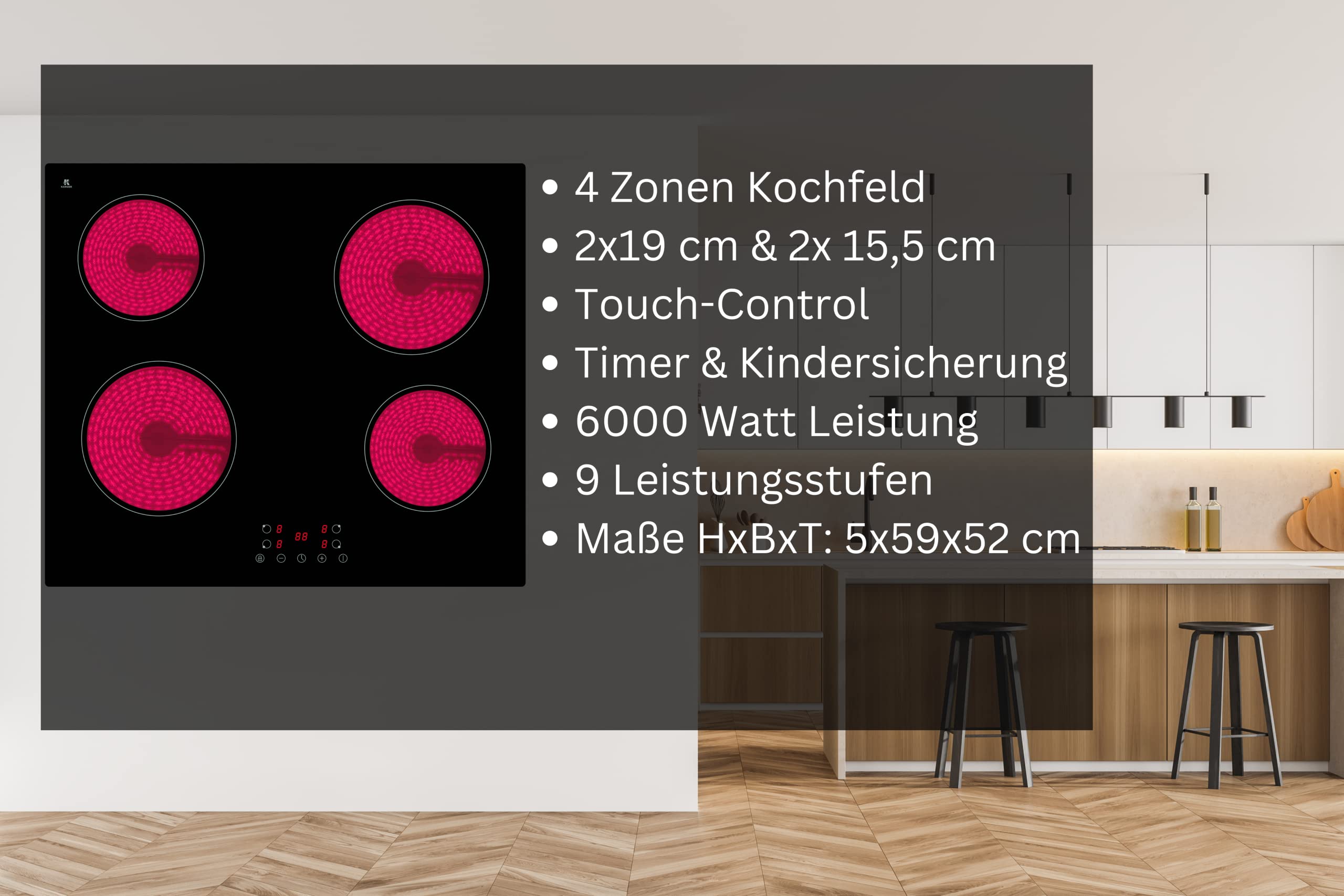 YUNA Glaskeramik-Kochfeld Calor EBK4 | Autark | 4 Zonen | 59 cm | Rahmenlos | Timer | Herdplatte | 4 Kochzonen | Kindersicherung | 9 Leistungsstufen