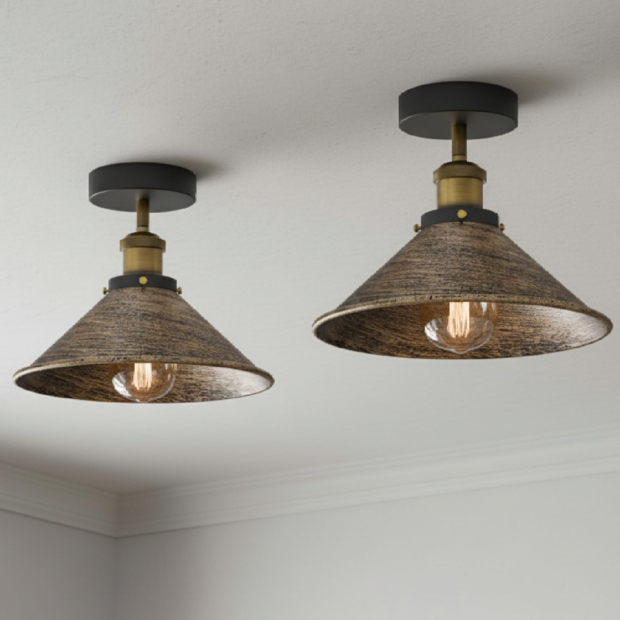 LEDSone Modern Semi Flush Mount Ceiling Light Metal 2 Pack Cone Shape Pendant Lamp Chandelier LED Lights Fitting for Kitchen Bedroom Hallway Restaurant Hotel (Brushed Copper)