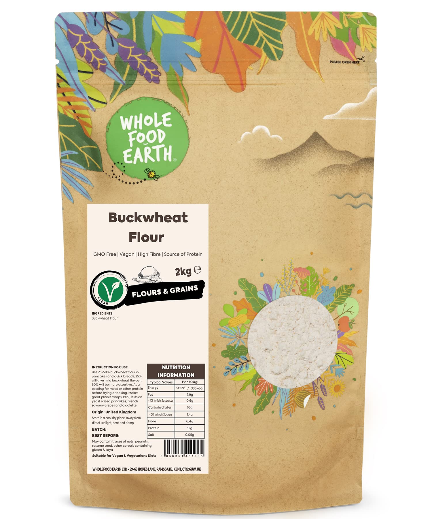Wholefood Earth Buckwheat Flour 2 kg | GMO Free | High Fibre | Source of Protein