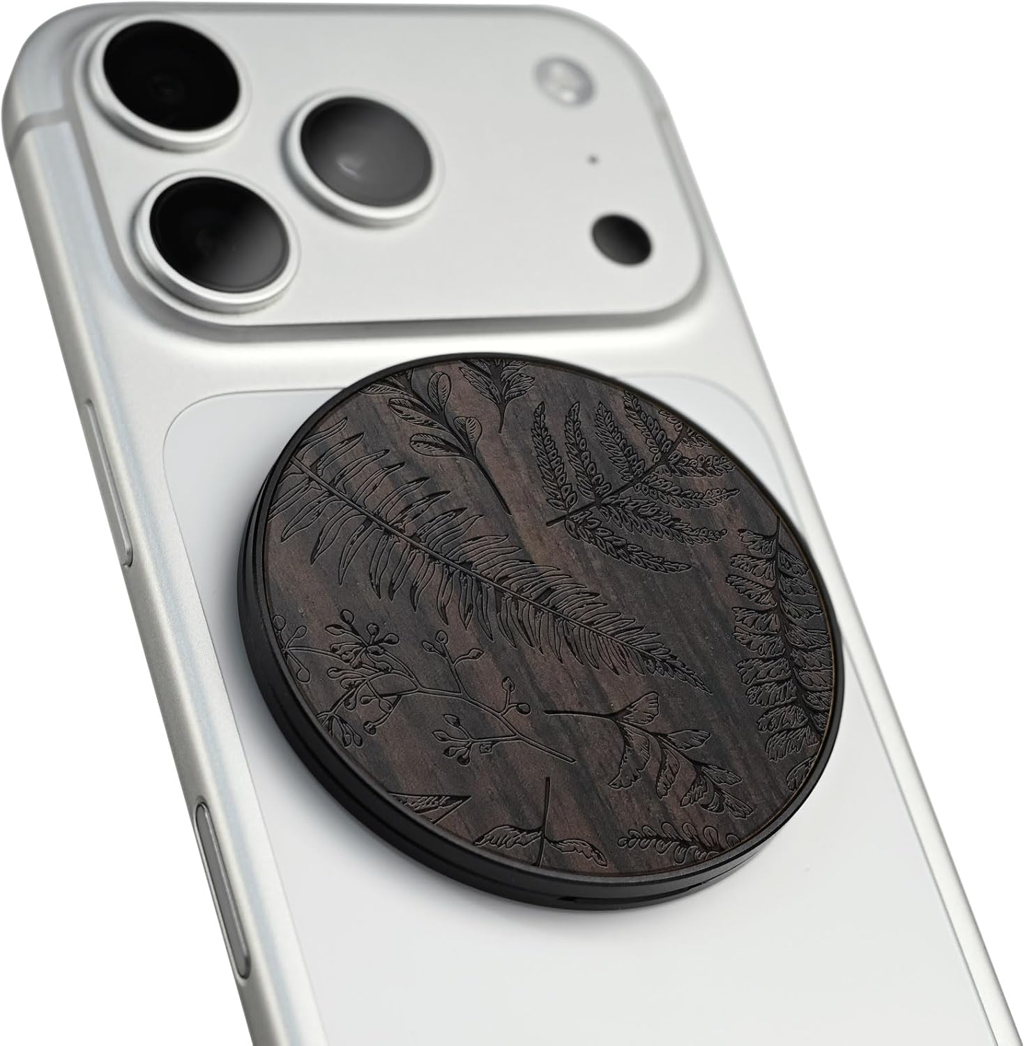 Carveit Magnetic Wood Phone Stand, Removable, Adjustable Angle Holder Compatible with MagSafe iPhone 17 Pro Max 16, 15, 14, Samsung Galaxy S26 Ultra S25, Google Pixel (Floral Vintage - Darkwood)