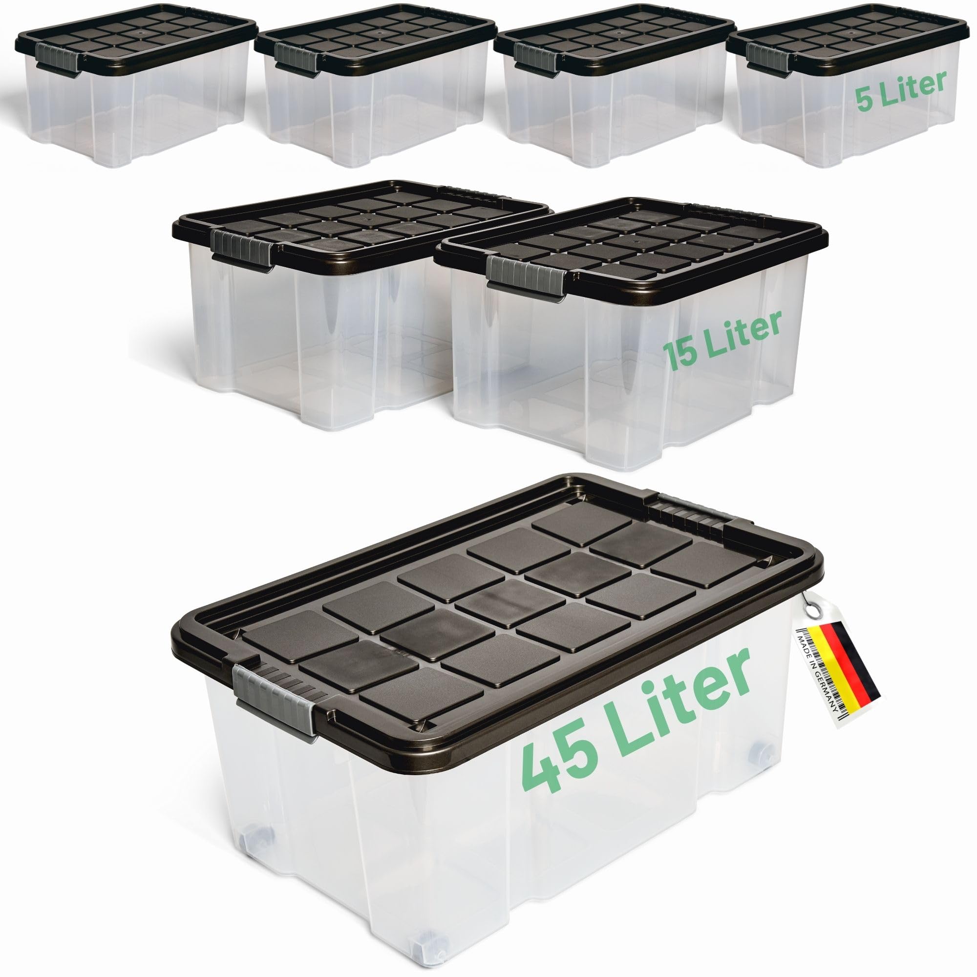 Novaliv - Set di 7 scatole portaoggetti con coperchio, colore antracite, 1 x 45 l, 2 x 15 l, 4 x 5 l, impilabili, con chiusura a clip, senza BPA