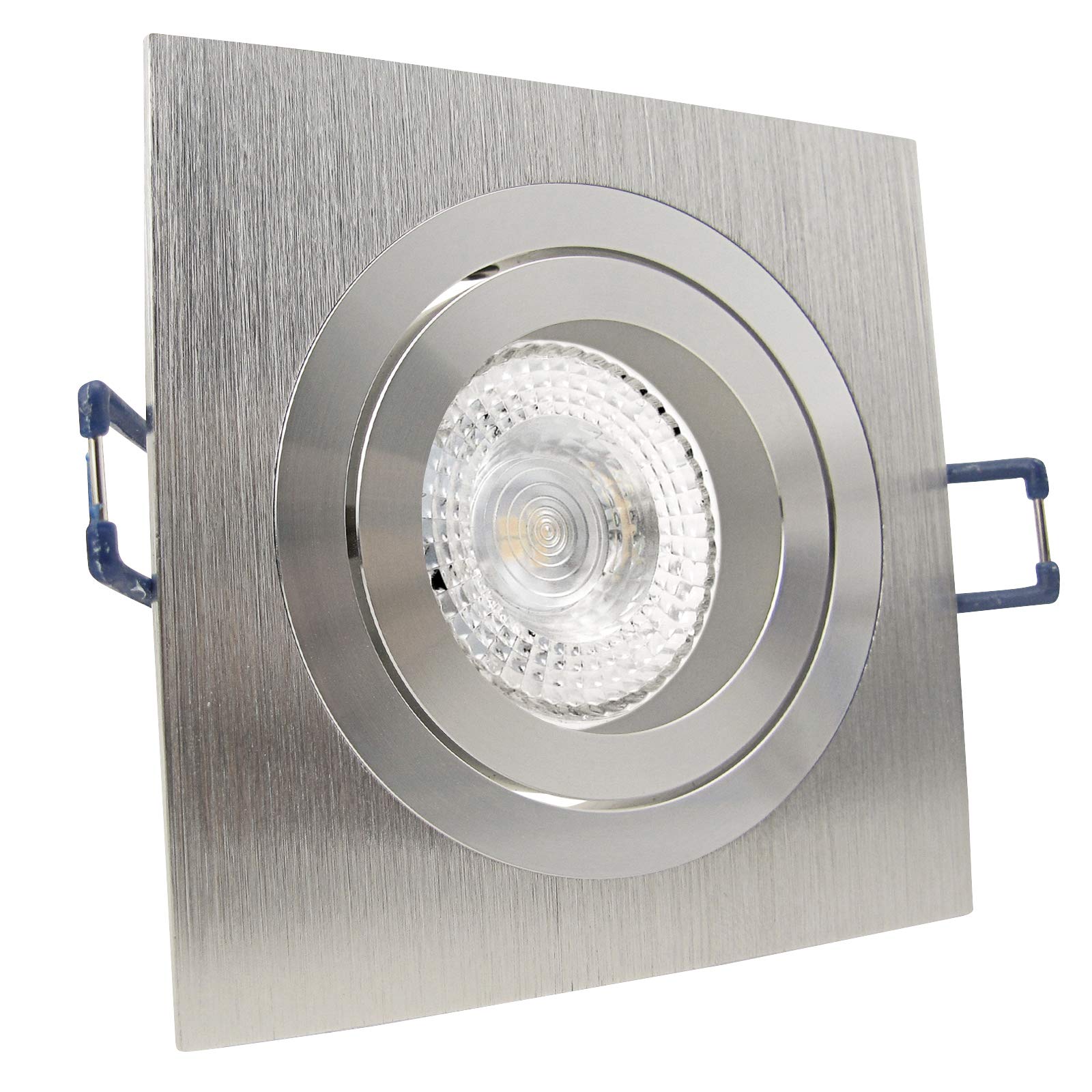 trendlights24 Noble LED Einbaustrahler 230V Alu Silber eckig GU10 10er Set | Decken Einbauleuchten, LED-Spots, 4W, Warmweiß, Abstrahlwinkel 120°, Leuchtmittel austauschbar, Deckenspots, schwenkbar
