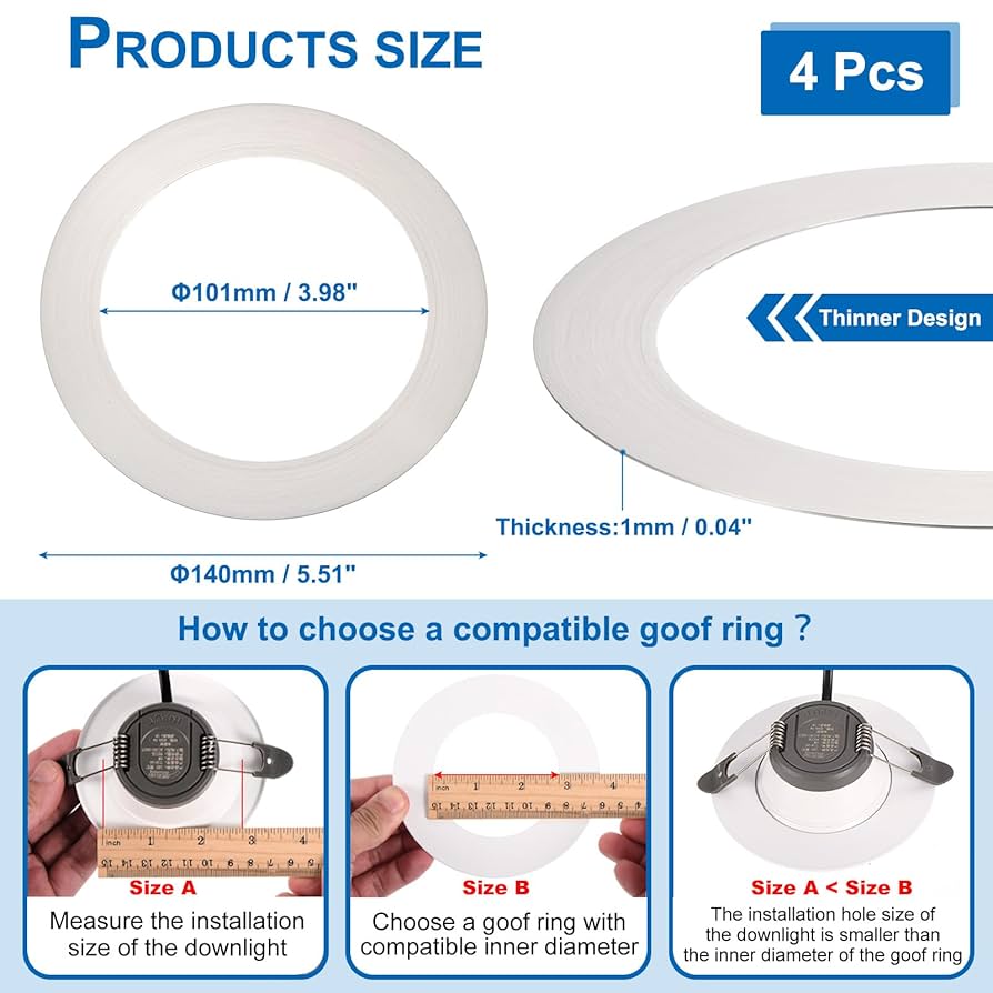 PATIKIL Goof Rings Inner Diameter 4.53", Outer Diameter 6.3", 8 Pcs Metal Goof Rings Cover Recessed Light Trim For Ceiling Wall Fixtures Can Lighting Down Light LED, Matte Finish White