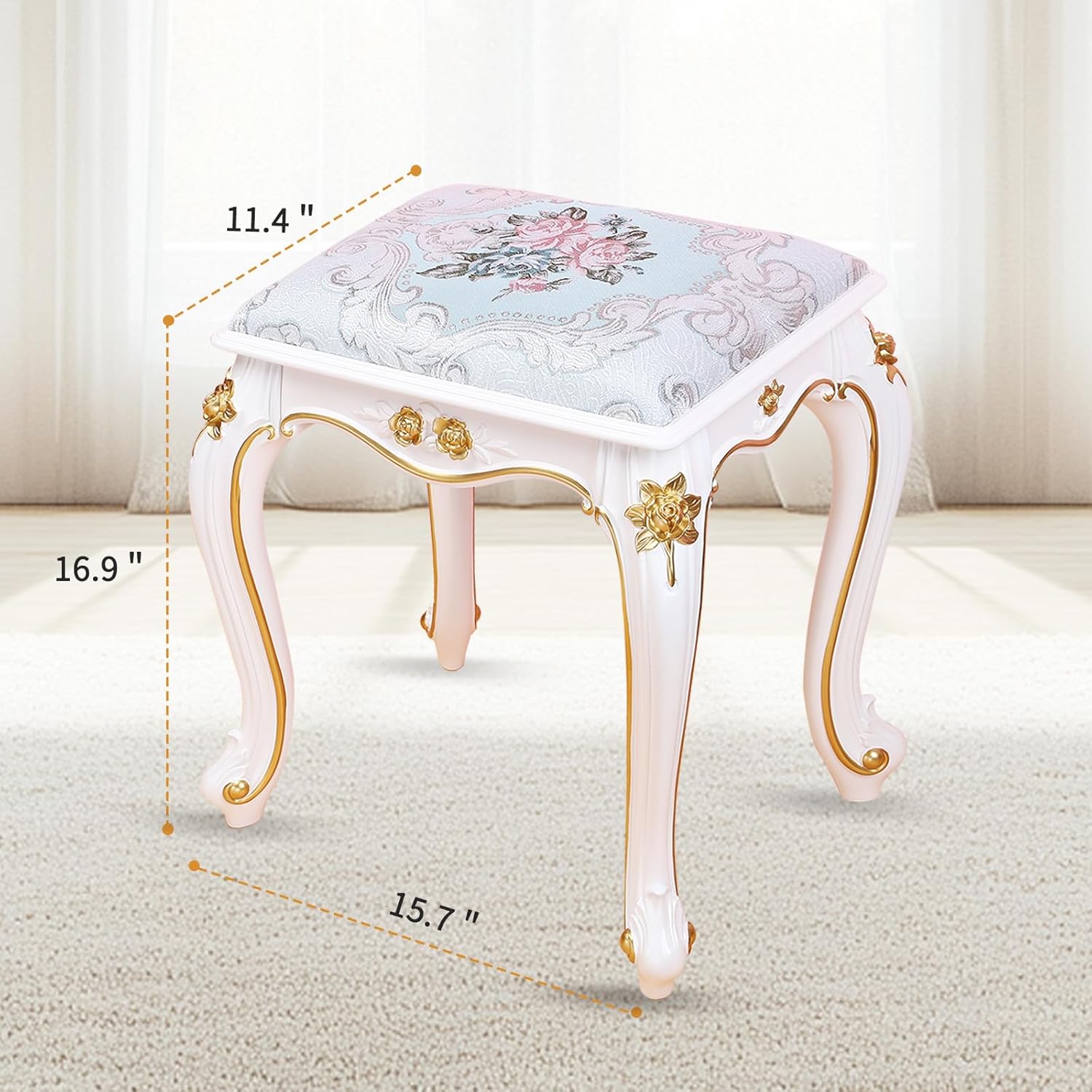Small Vanity Stool, Upholstered Makeup Chair for Bedroom, Lightweight PVC Bench Seat with Gold Carvings, Elegant White Finish, Portable Dressing Stool for Bedroom, Living Room, Home Décor