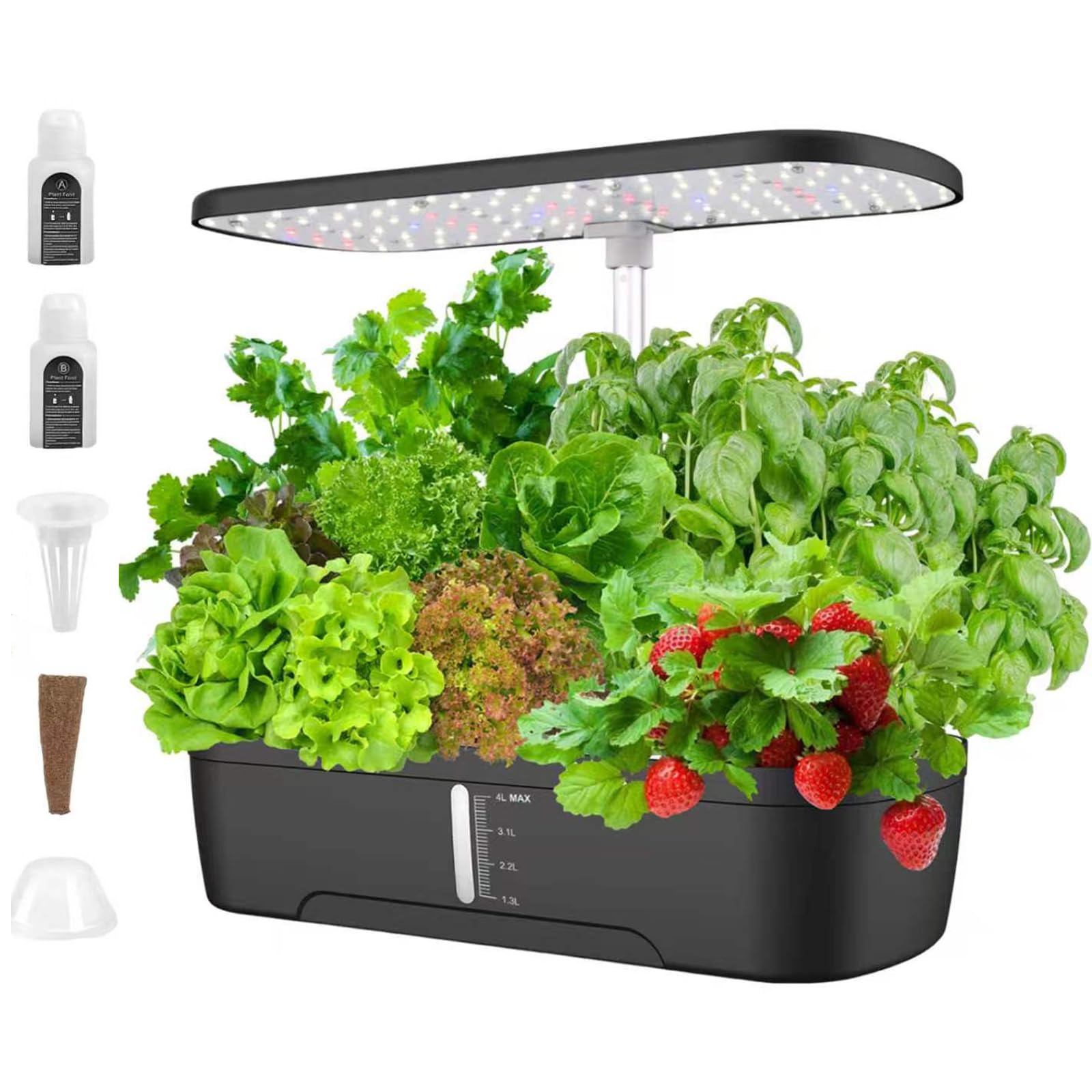 12-komorowy zestaw do uprawy hydroponicznej z lampą LED do wzrostu 20W i automatycznym timerem, 4L inteligentny ogród ziołowy do wnętrz, regulowana wysokość do warzyw i owoców black