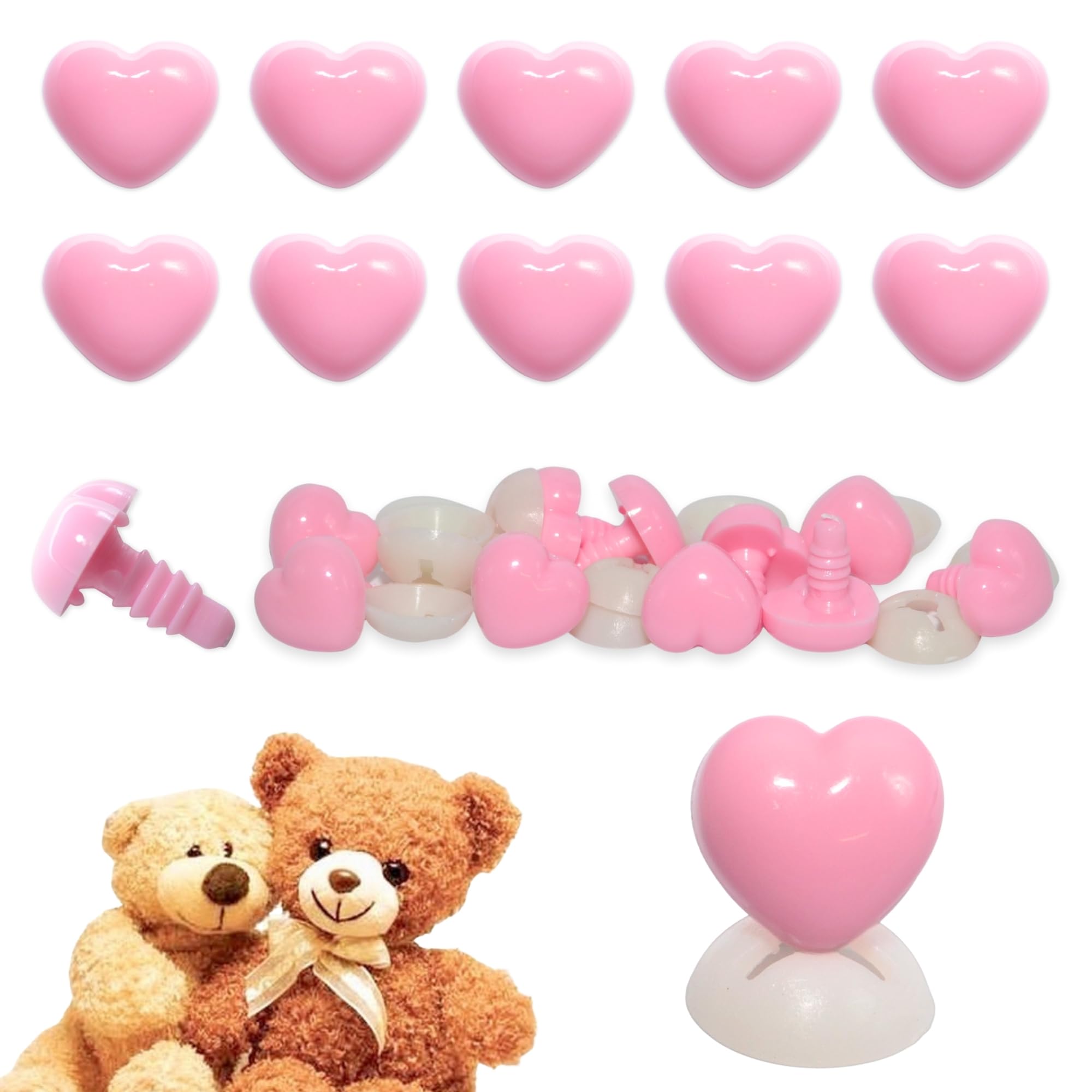 celloexpress 18mm x 15mm Baby Pink Heart Noses with Plastic Backs - Safety Noses for Soft Toy Teddy Bear Animal Making (Pack of 10)
