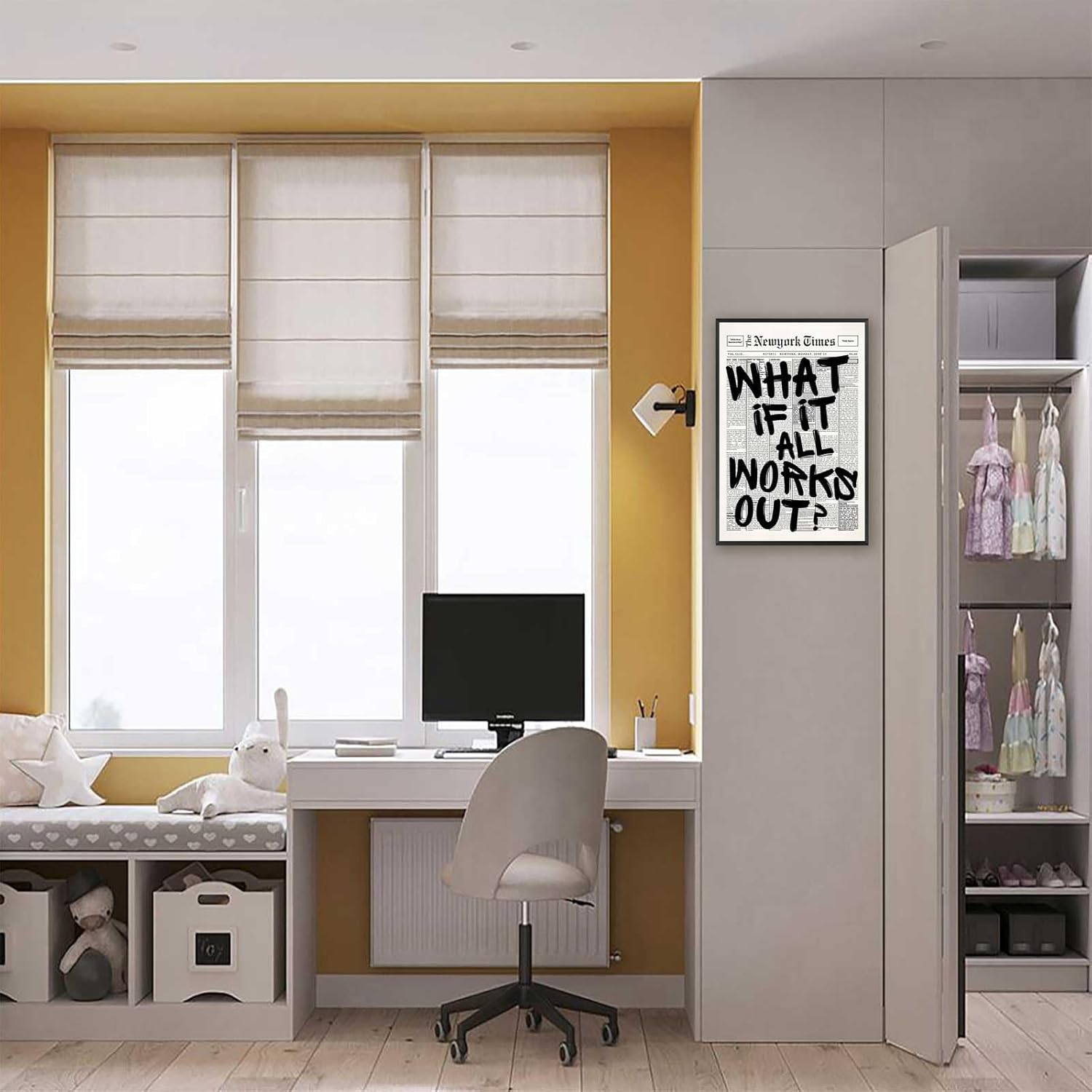 Retro Black And White Newspaper Poster What If It All Works Out Canvas Wall Art Positive Affirming Quote Minimalist Prints Painting For Home Bedroom Dorm Wall Decor 12x16in Framed